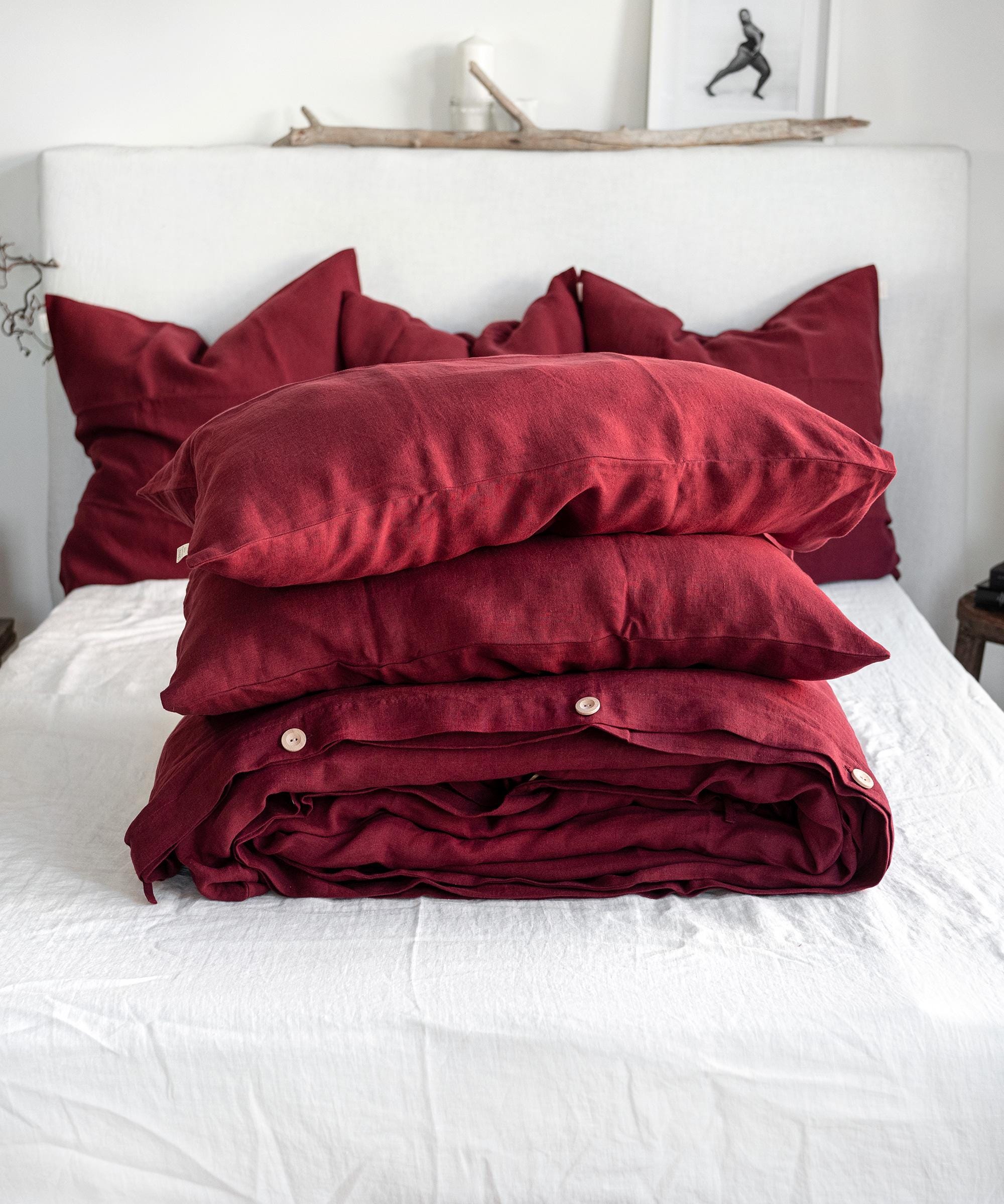 Linen Bedding Set in Maroon - Duvet Cover & 2 Pillowcases