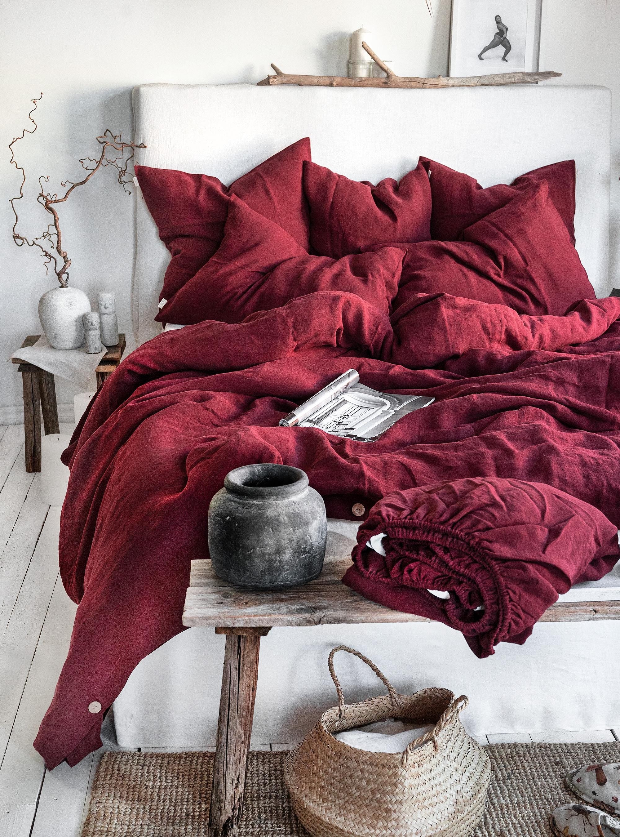 Linen Bedding Set in Maroon - Duvet Cover & 2 Pillowcases