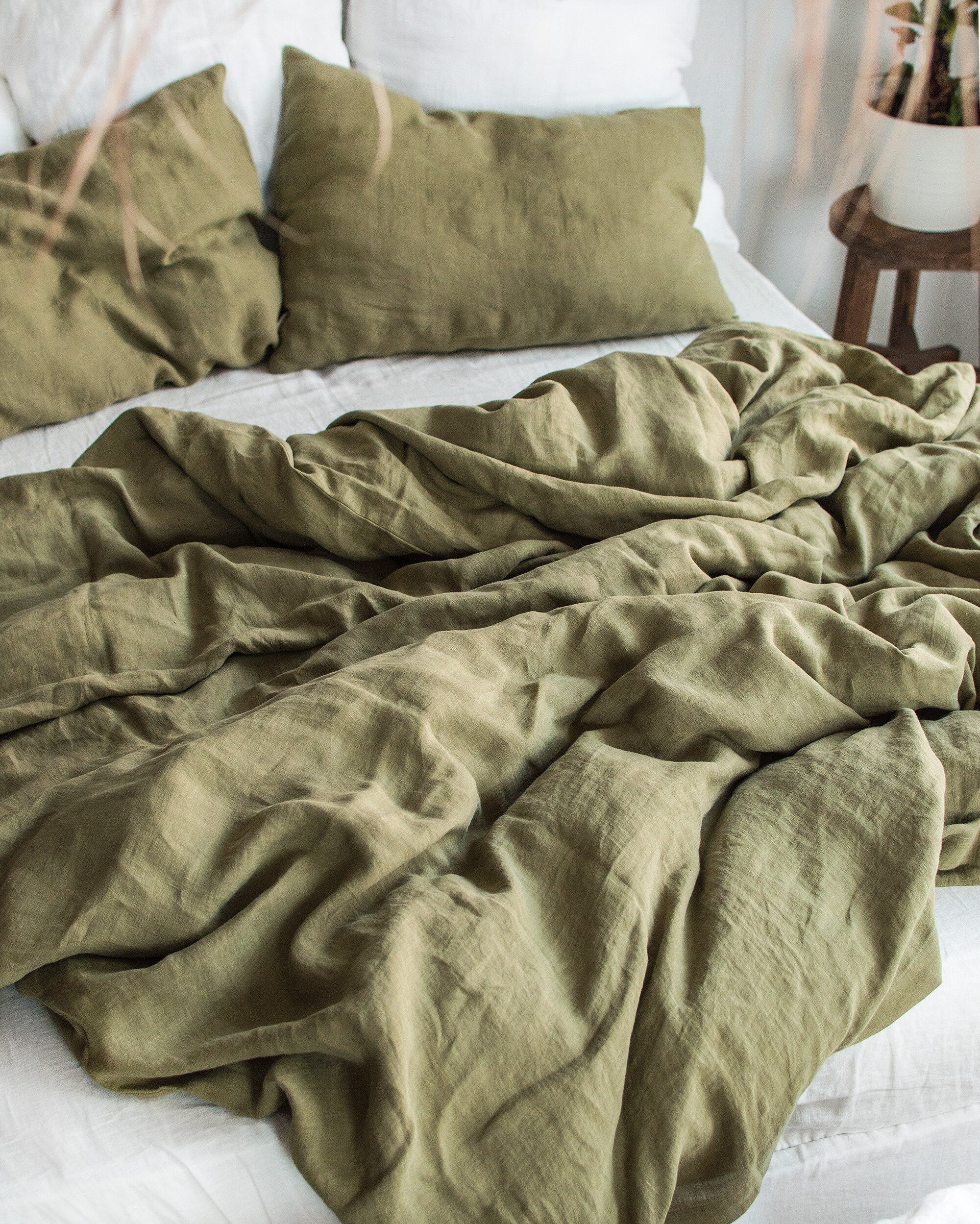 Linen Duvet Cover in Olive Green