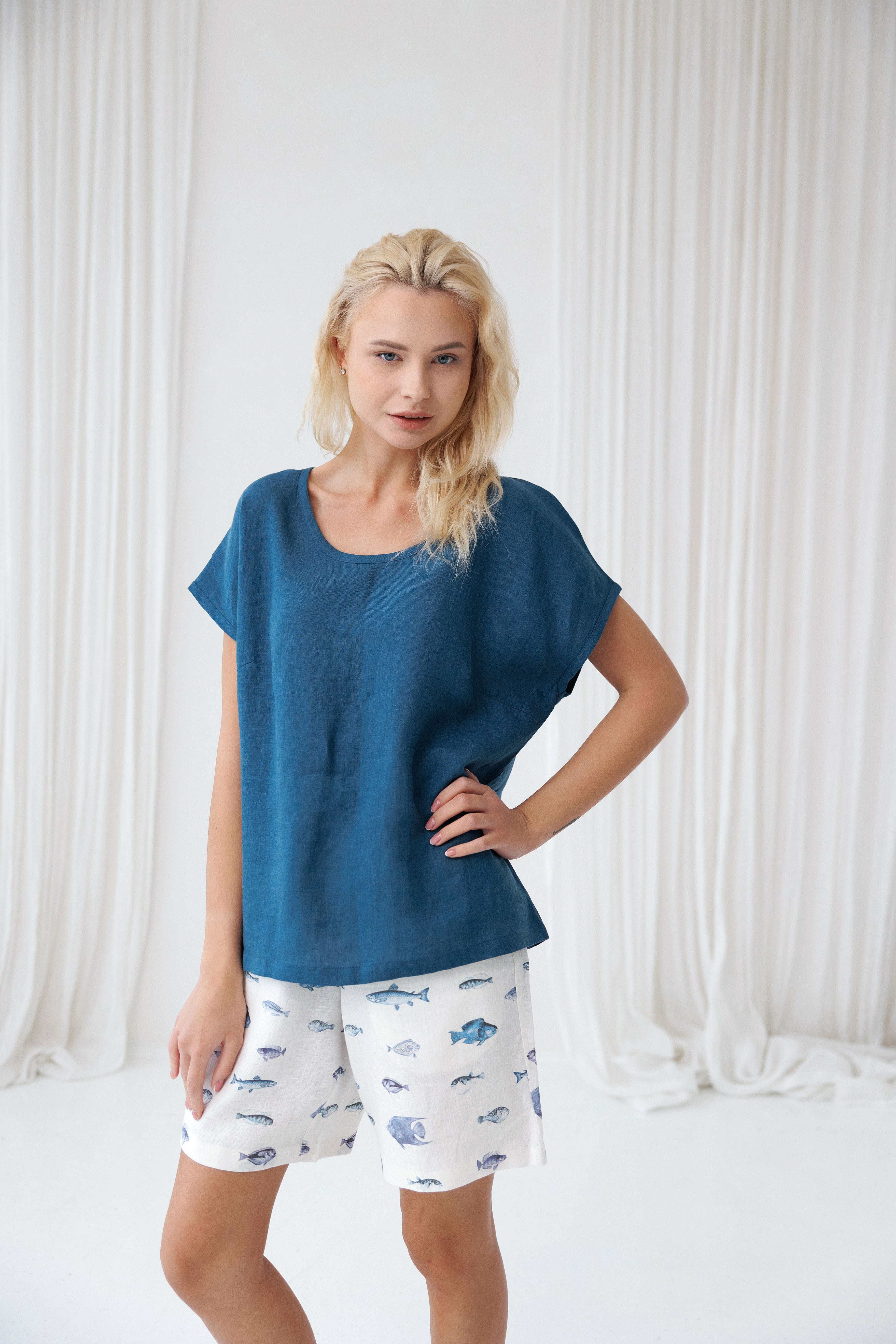 Pajama set COSY in Ocean Fish & Lake Blue