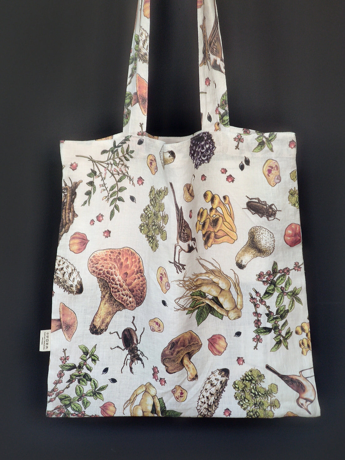 Linen tote bag in Mushroom pattern
