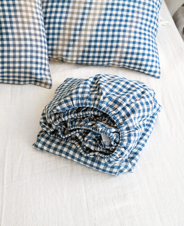 Linen Fitted Sheet in Blue Gingham