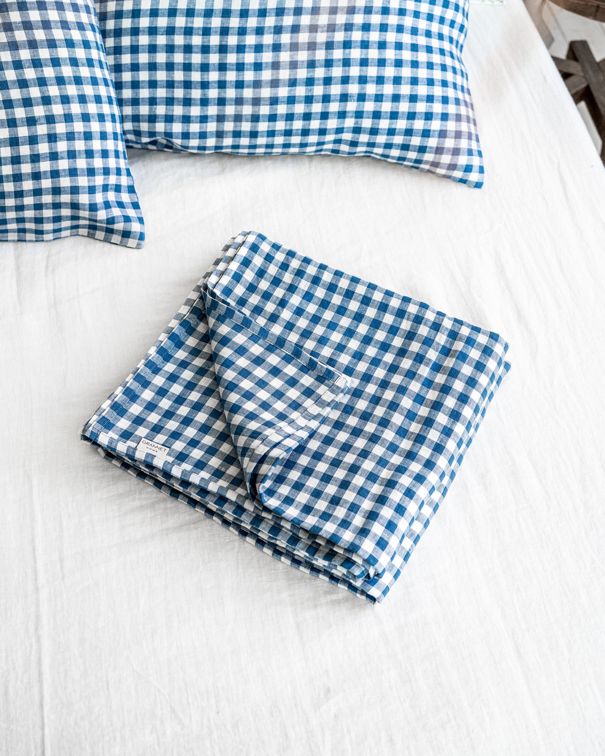 Linen Flat Sheet in Blue Gingham