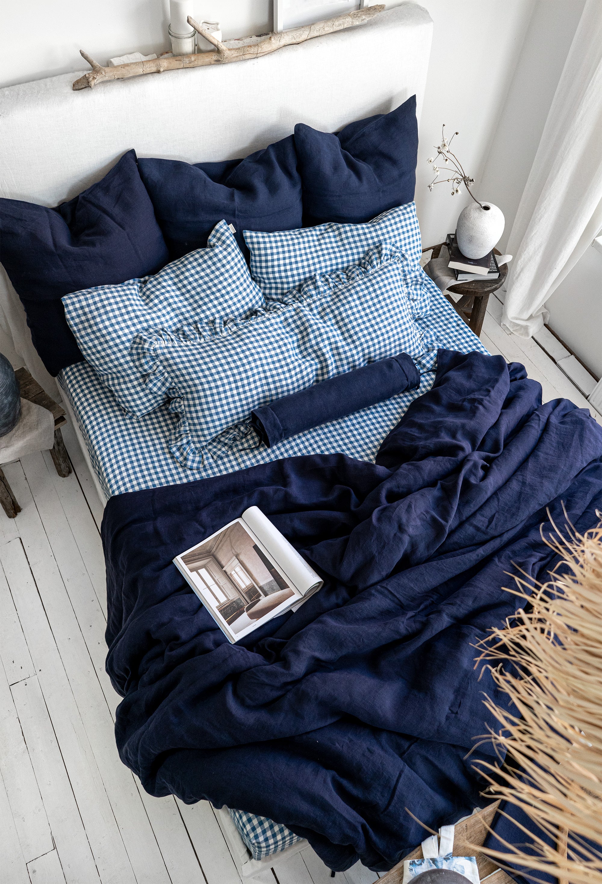 Linen Bedding Set in Blue Gingham - Duvet Cover & 2 Pillowcases