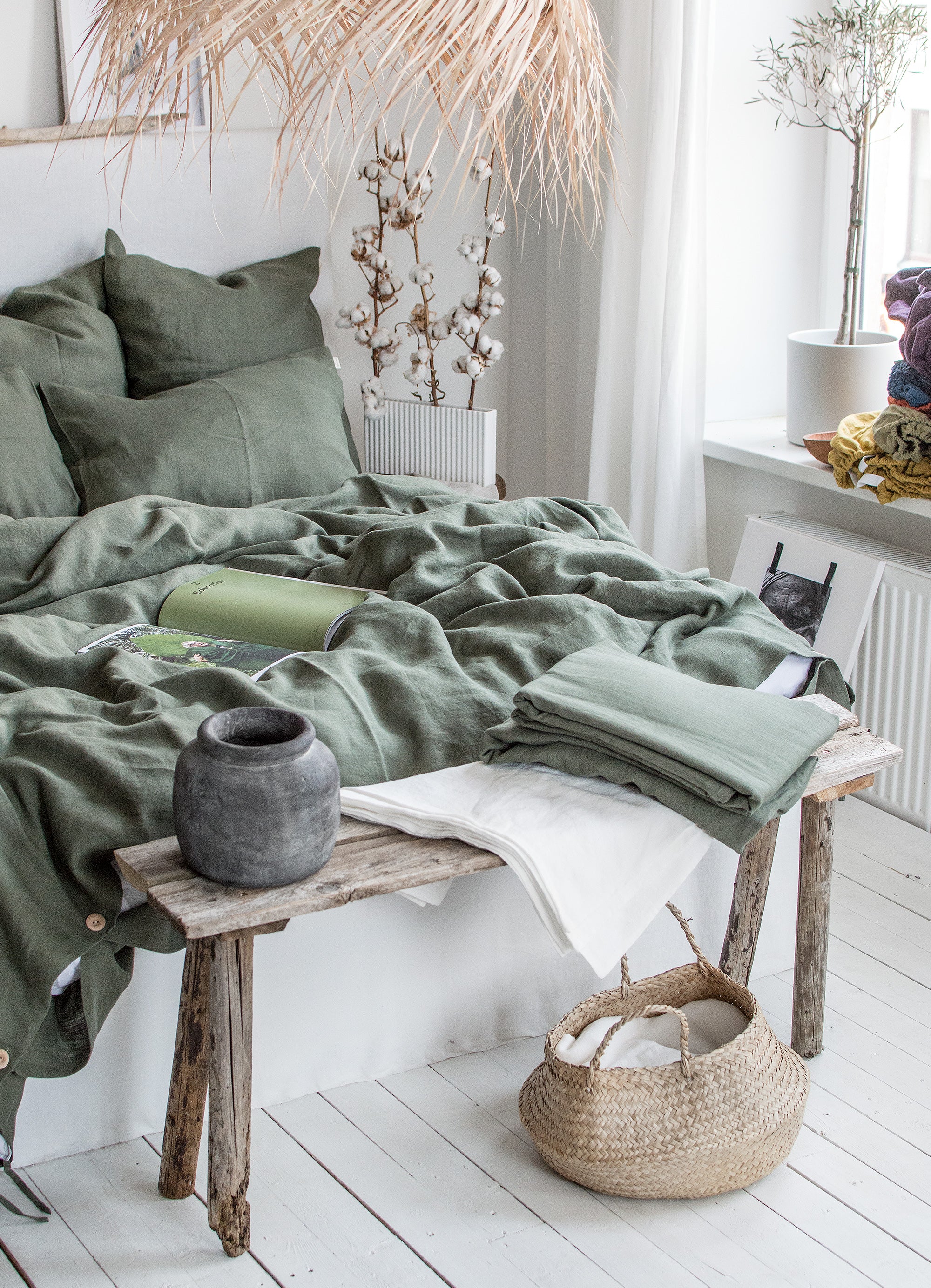 Linen Pillowcase in Botanic Green