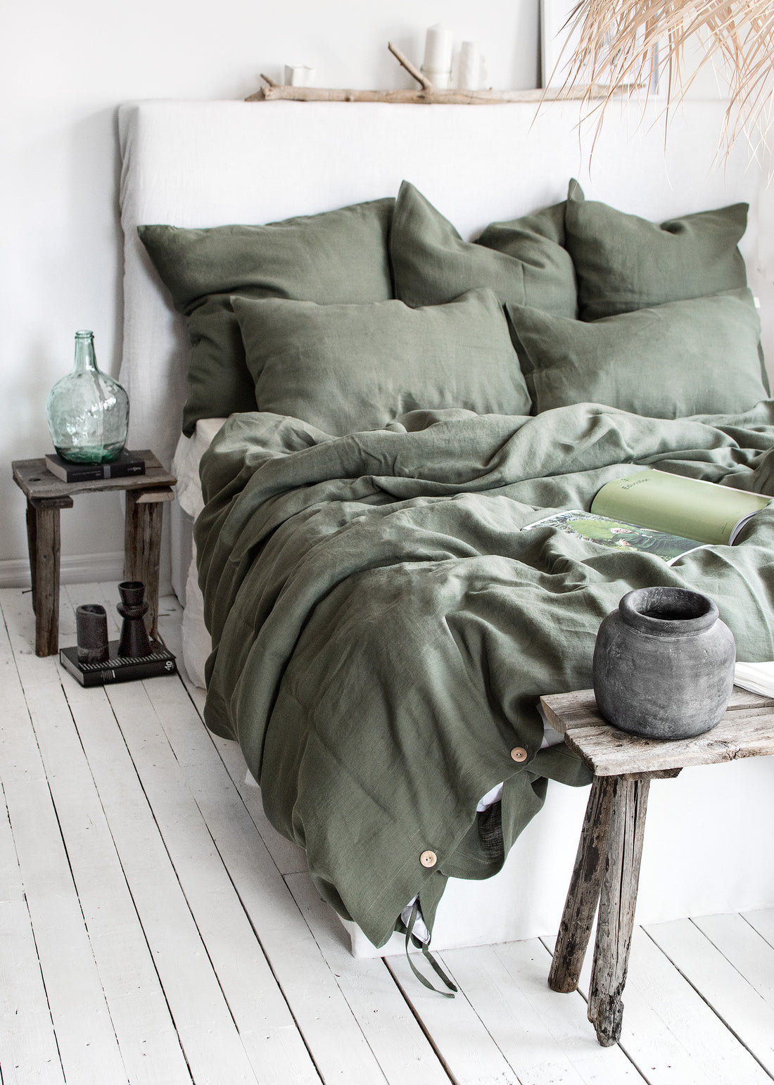 Linen Fitted Sheet in Botanic Green