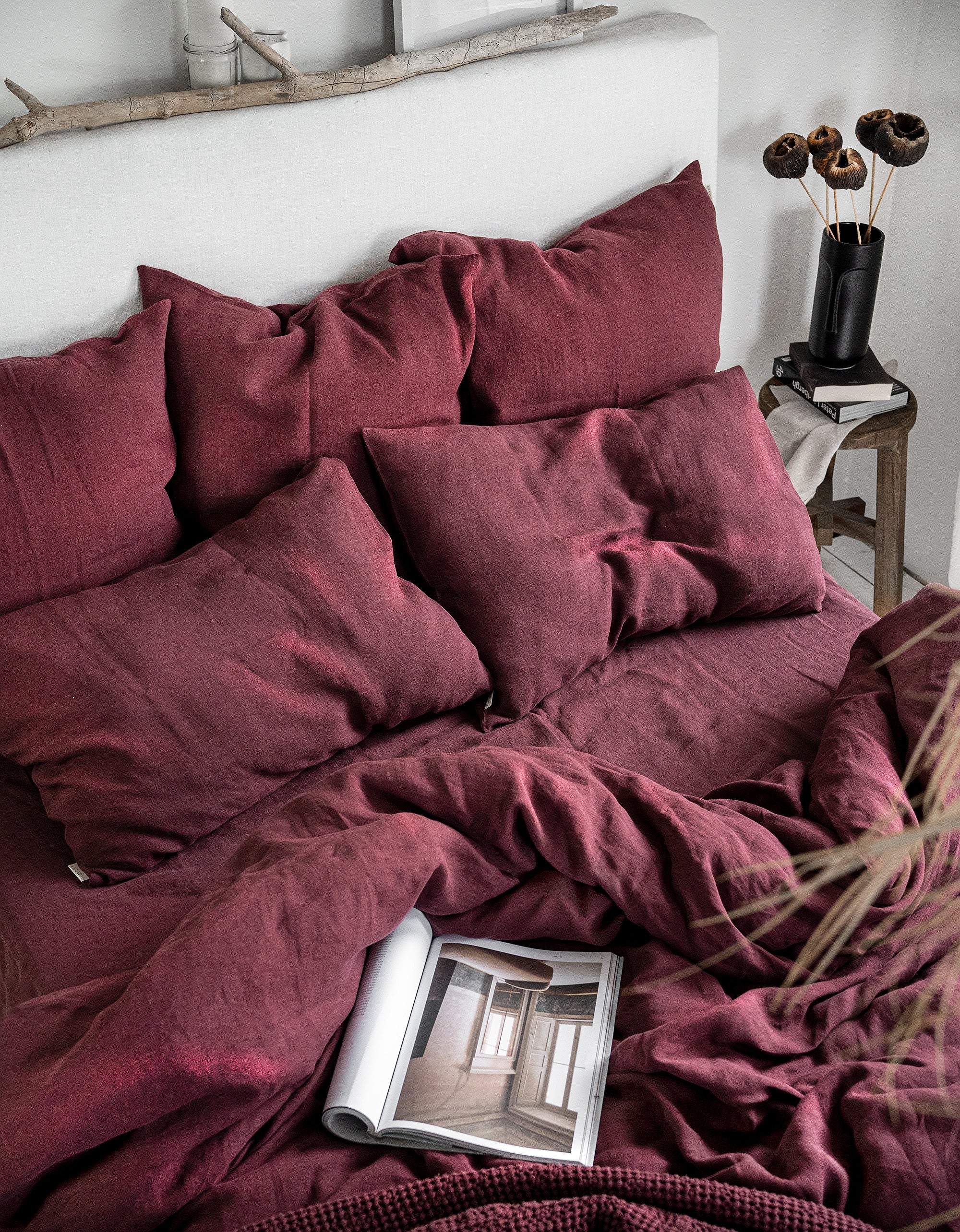 Linen Bedding Set in Burgundy - Duvet Cover & 2 Pillowcases