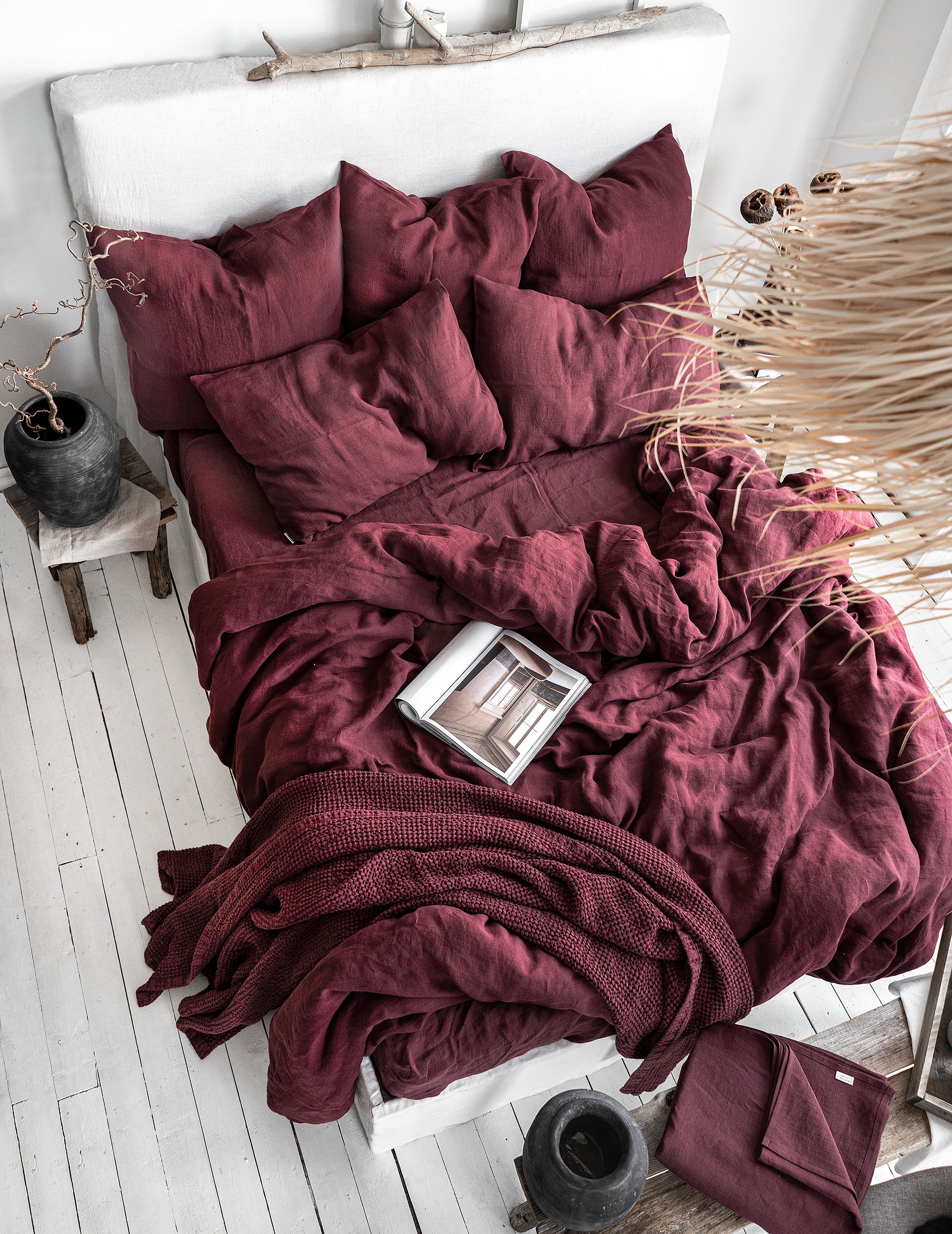 Linen Bedding Set in Burgundy - Duvet Cover & 2 Pillowcases