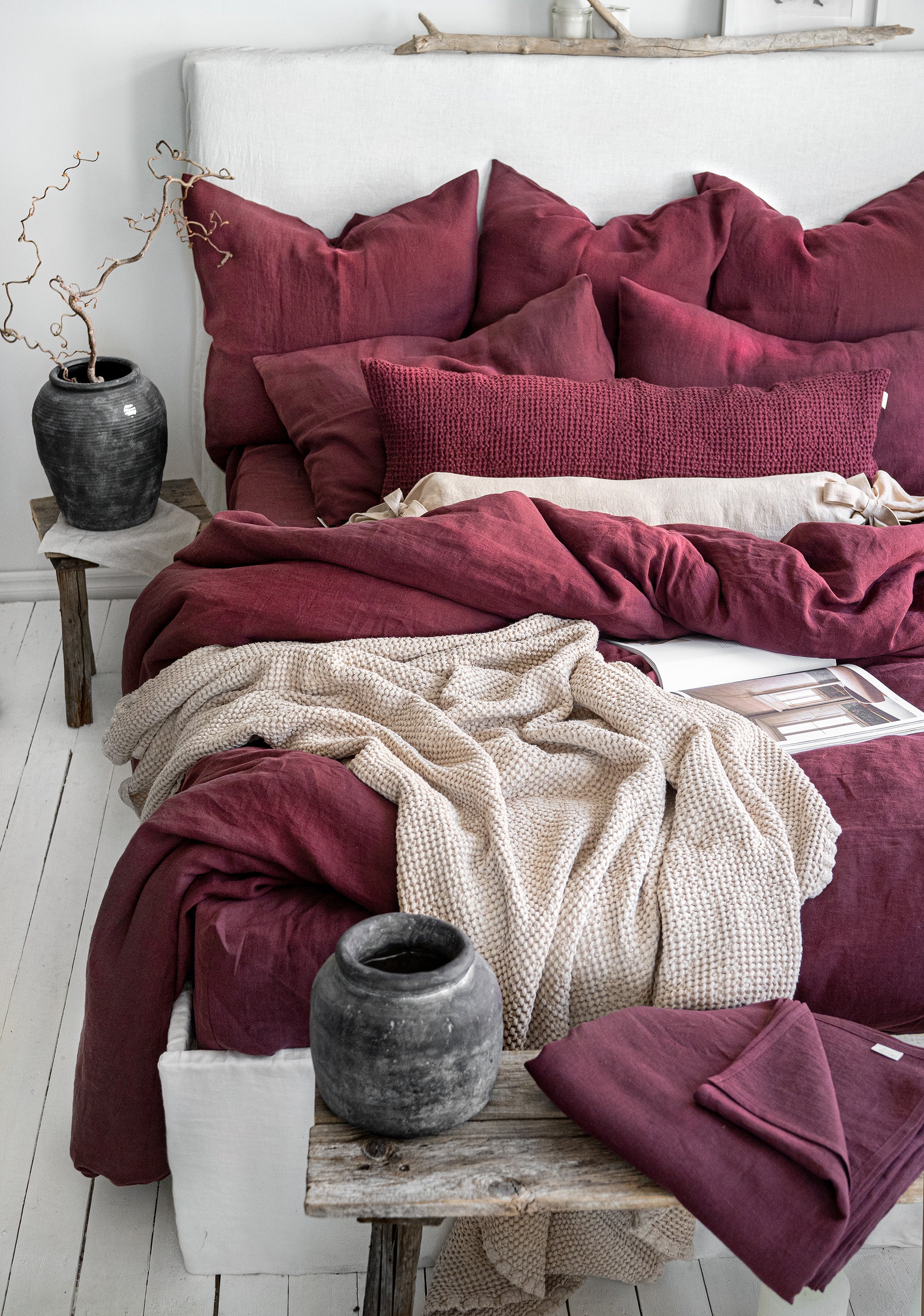 Linen Bedding Set in Burgundy - Duvet Cover & 2 Pillowcases