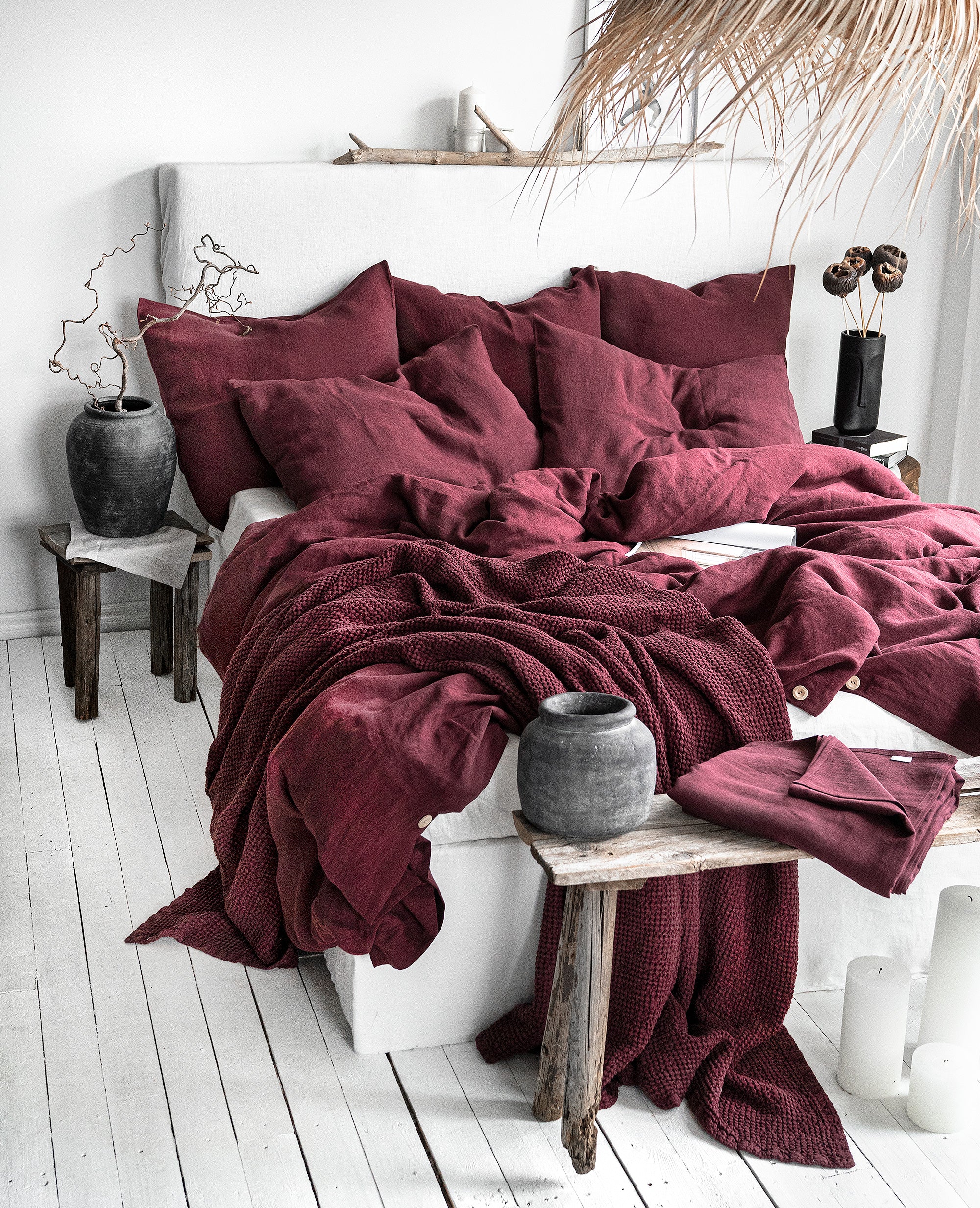 Linen Bedding Set in Burgundy - Duvet Cover & 2 Pillowcases