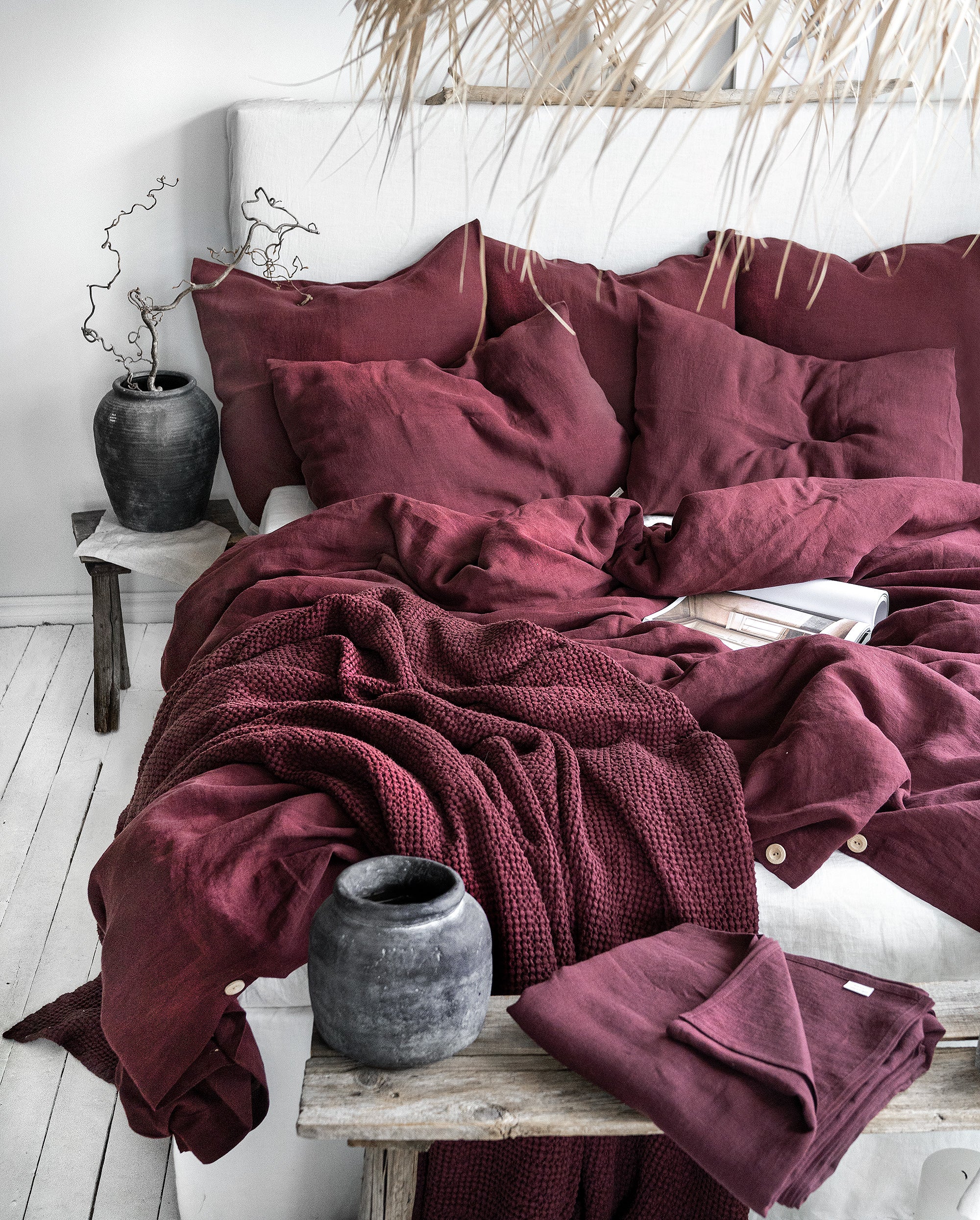 Linen Bedding Set in Burgundy - Duvet Cover & 2 Pillowcases
