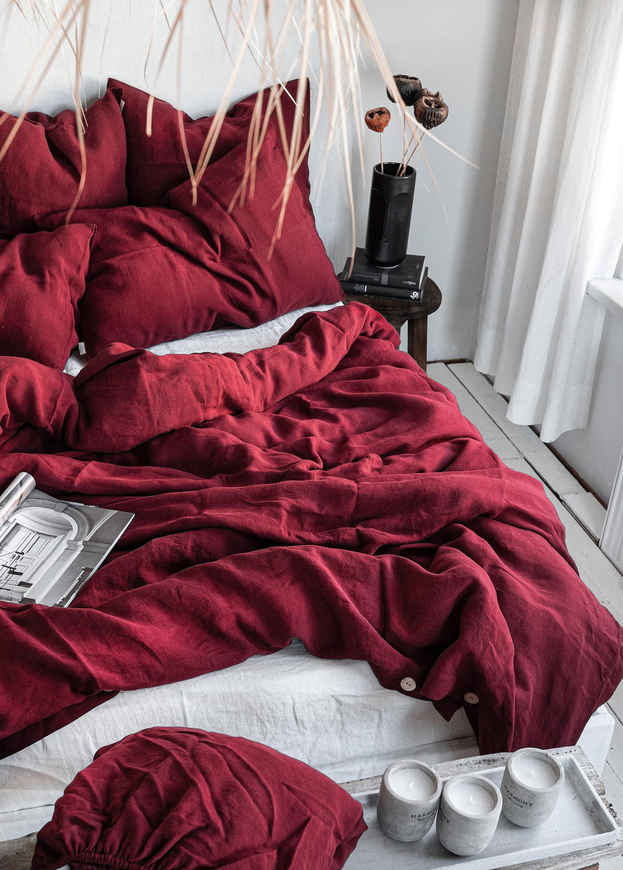 Linen Bedding Set in Maroon - Duvet Cover & 2 Pillowcases