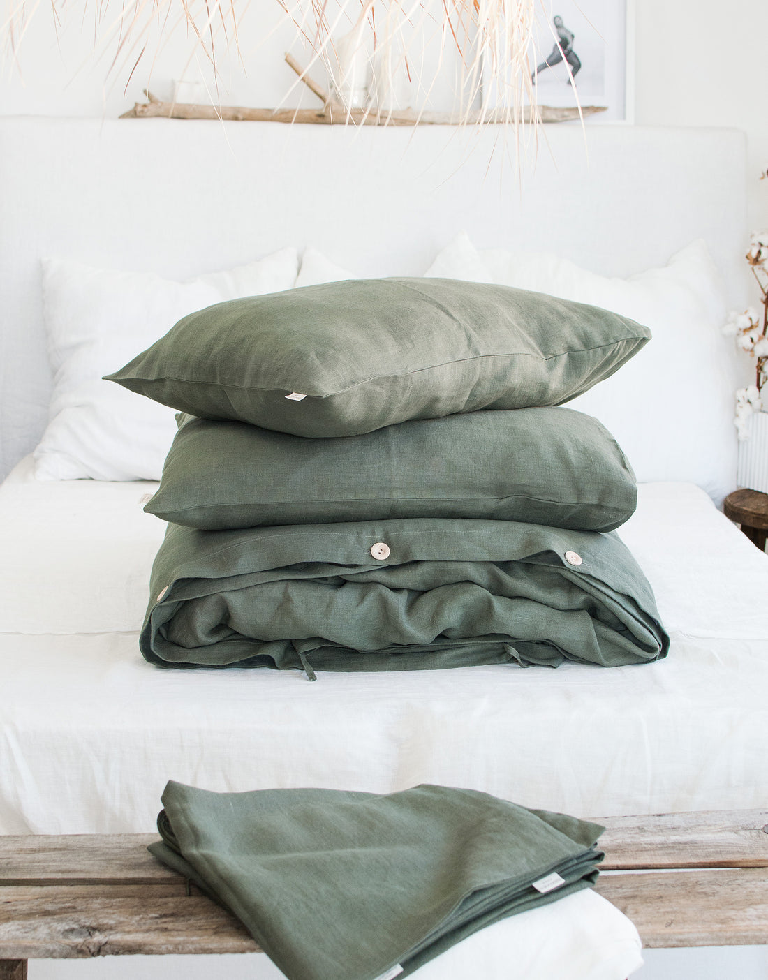 Linen Bedding Set in Botanic Green - Duvet Cover & 2 Pillowcases