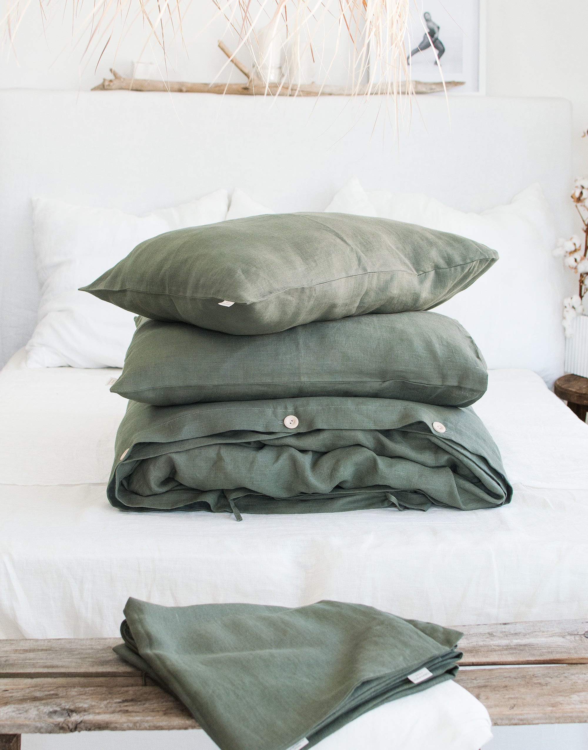 Linen Bedding Set in Botanic Green - Duvet Cover & 2 Pillowcases