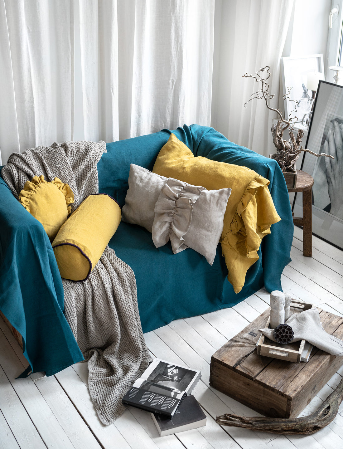 Linen Couch Cover in Emerald Blue