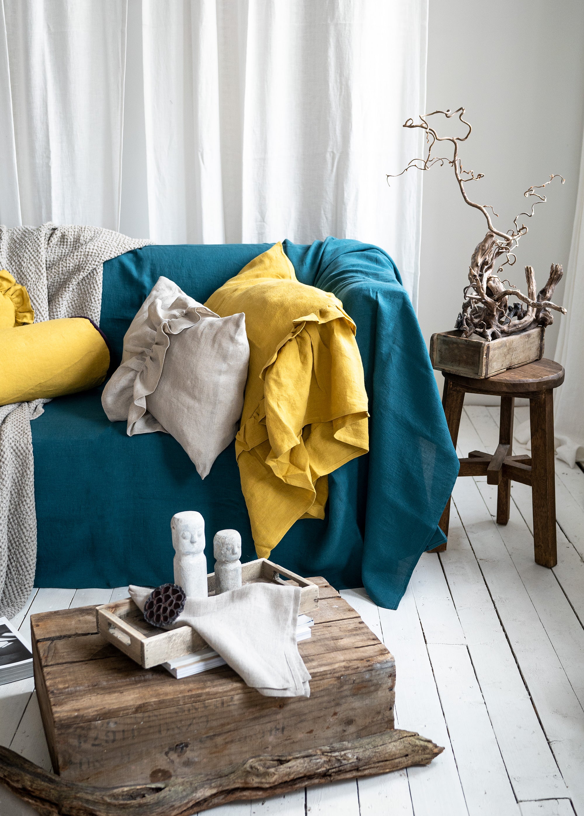 Linen Couch Cover in Emerald Blue