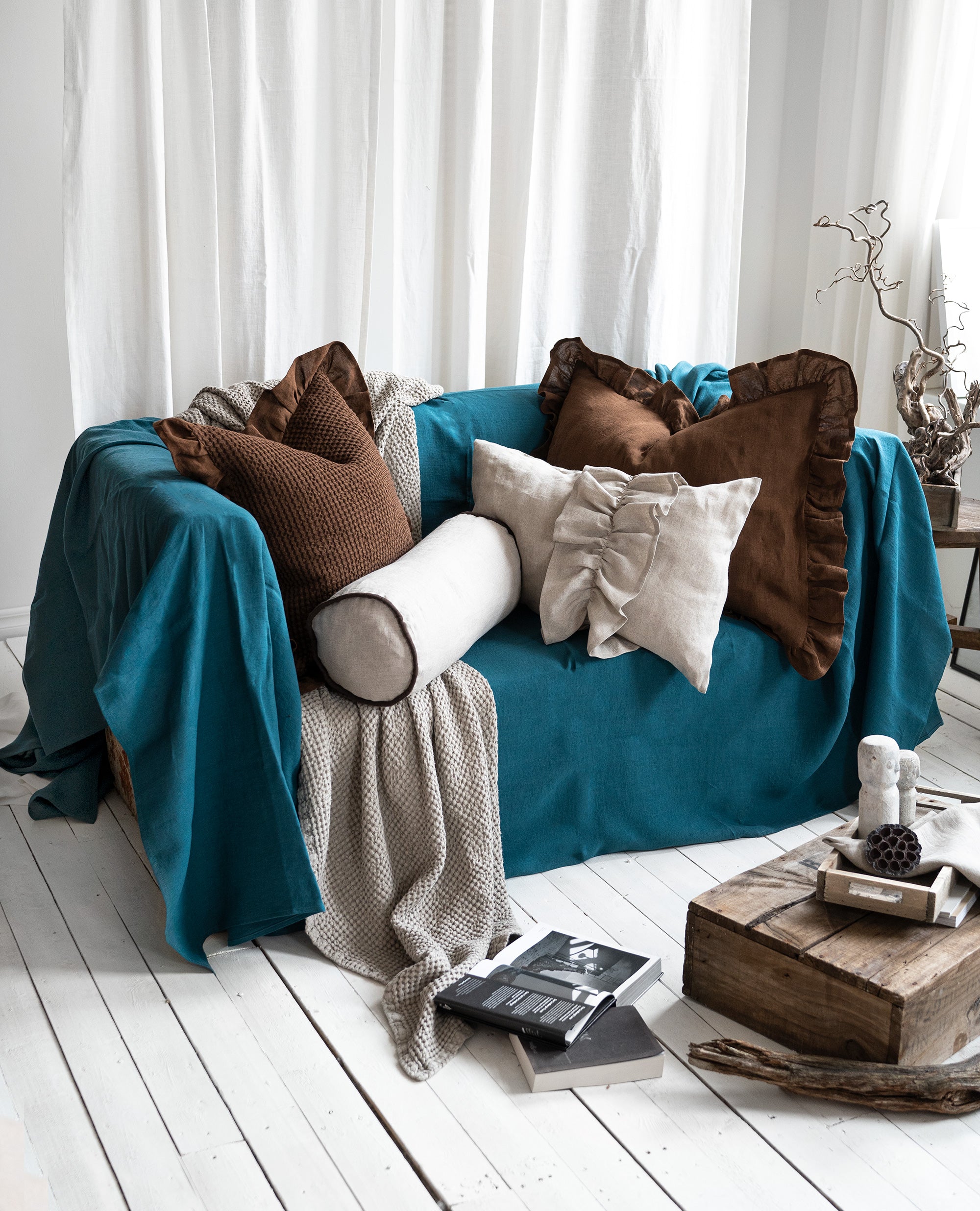 Linen Couch Cover in Emerald Blue