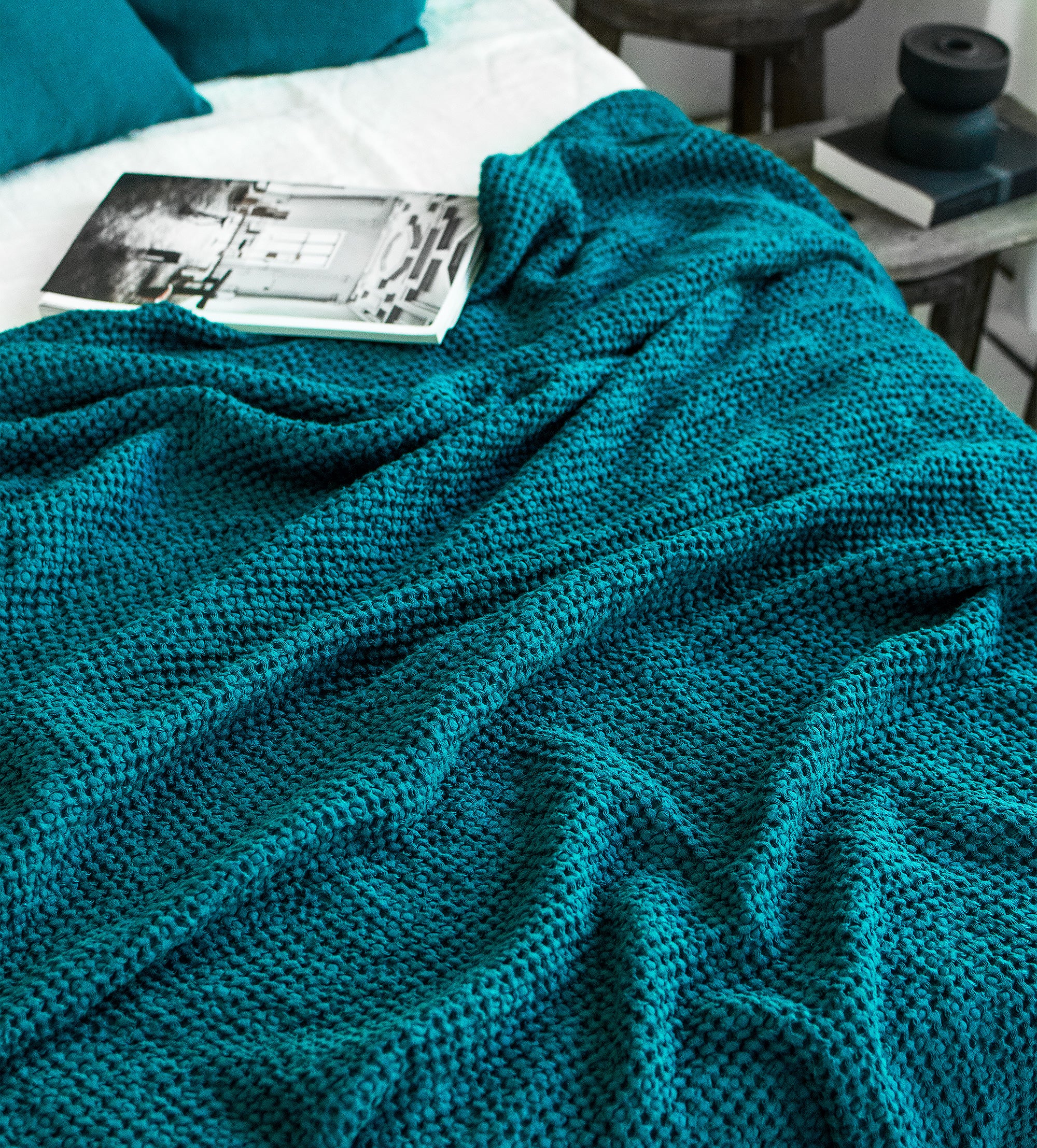Waffle Blanket in Emerald Blue
