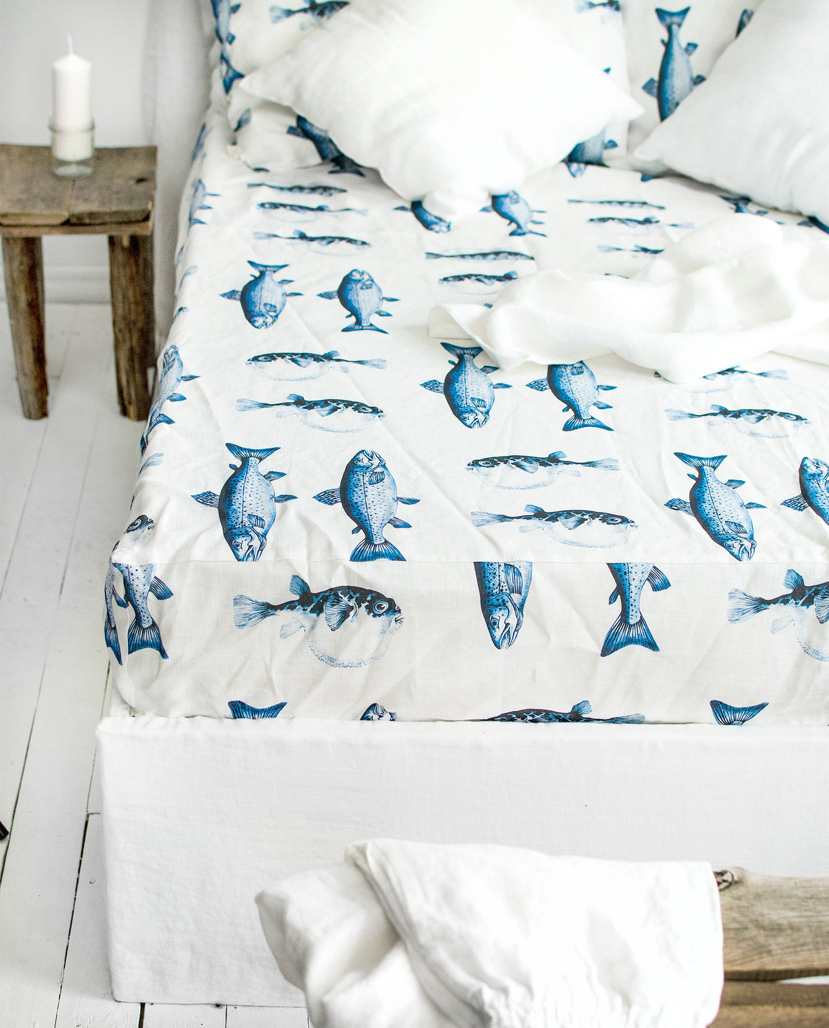 Linen Fitted Sheet in Fisherman pattern