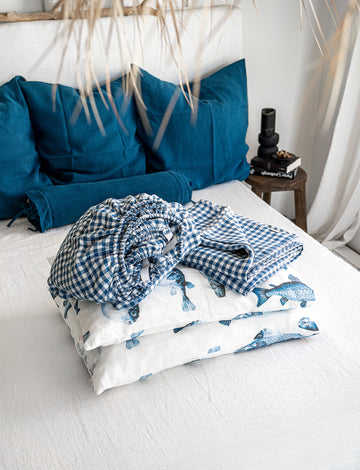 Linen Sheet Set in Fisherman + Blue Gingham