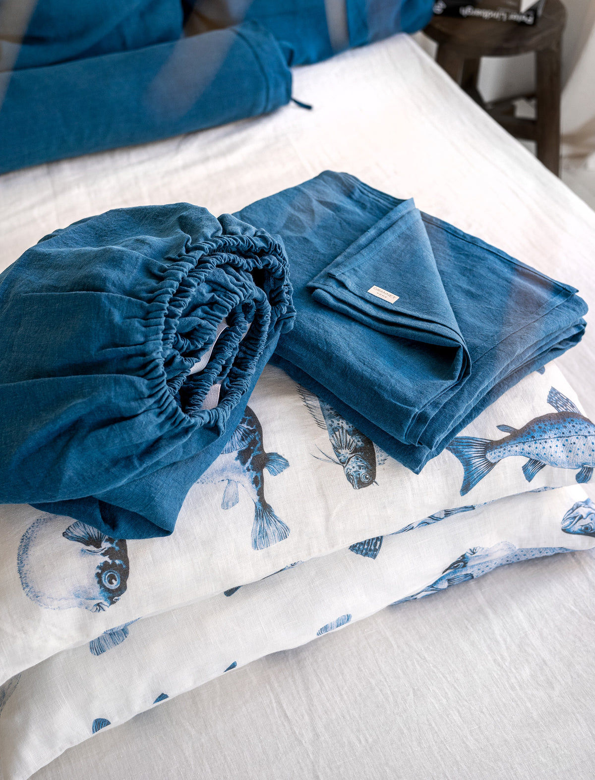 Linen Sheet Set in Fisherman + Lake Blue