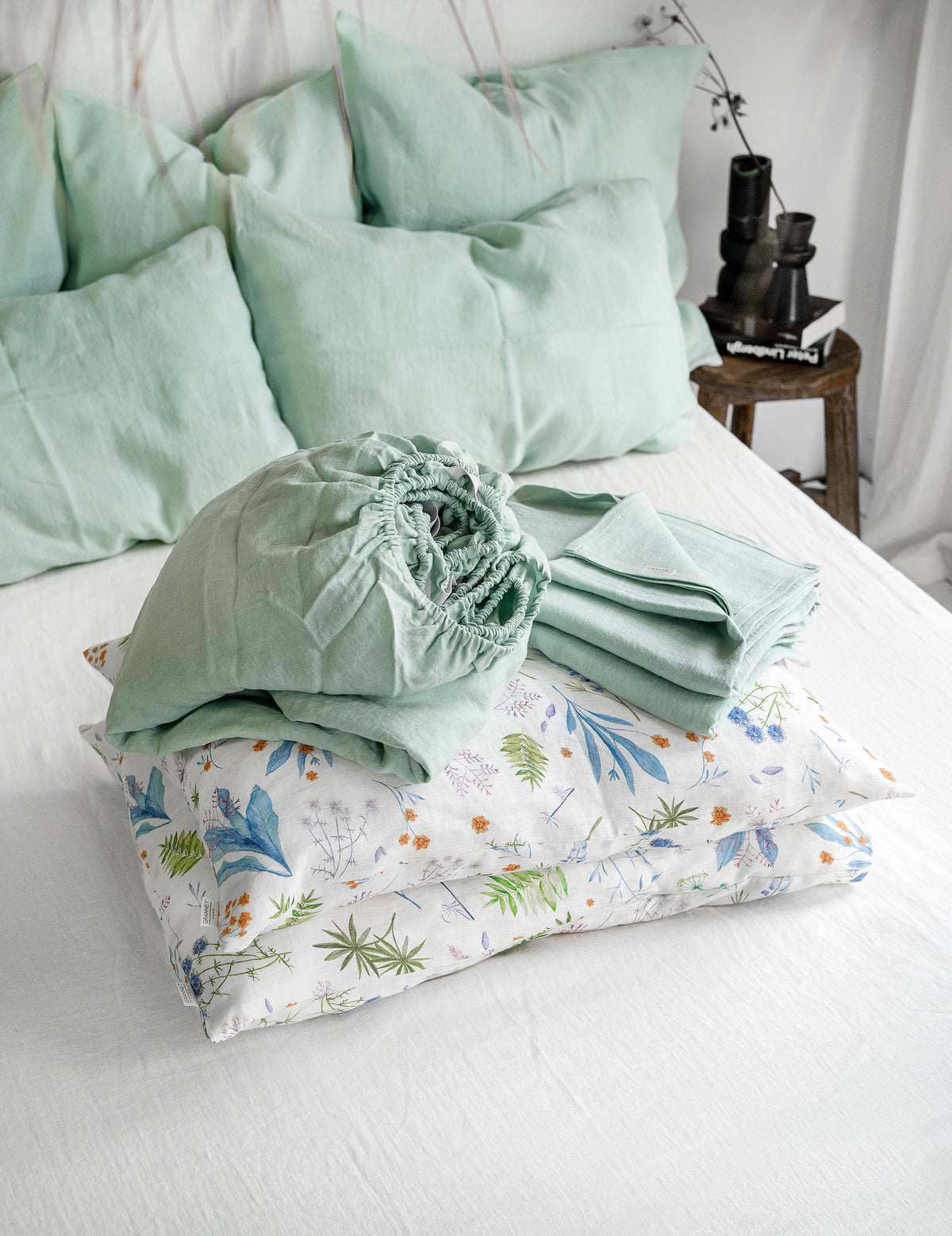 Linen Sheet Set in Mint Green + Floral Pillowcases
