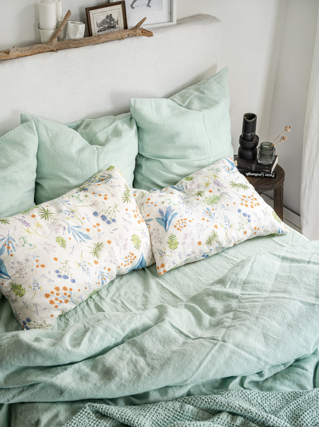 Linen Sheet Set in Mint Green + Floral Pillowcases