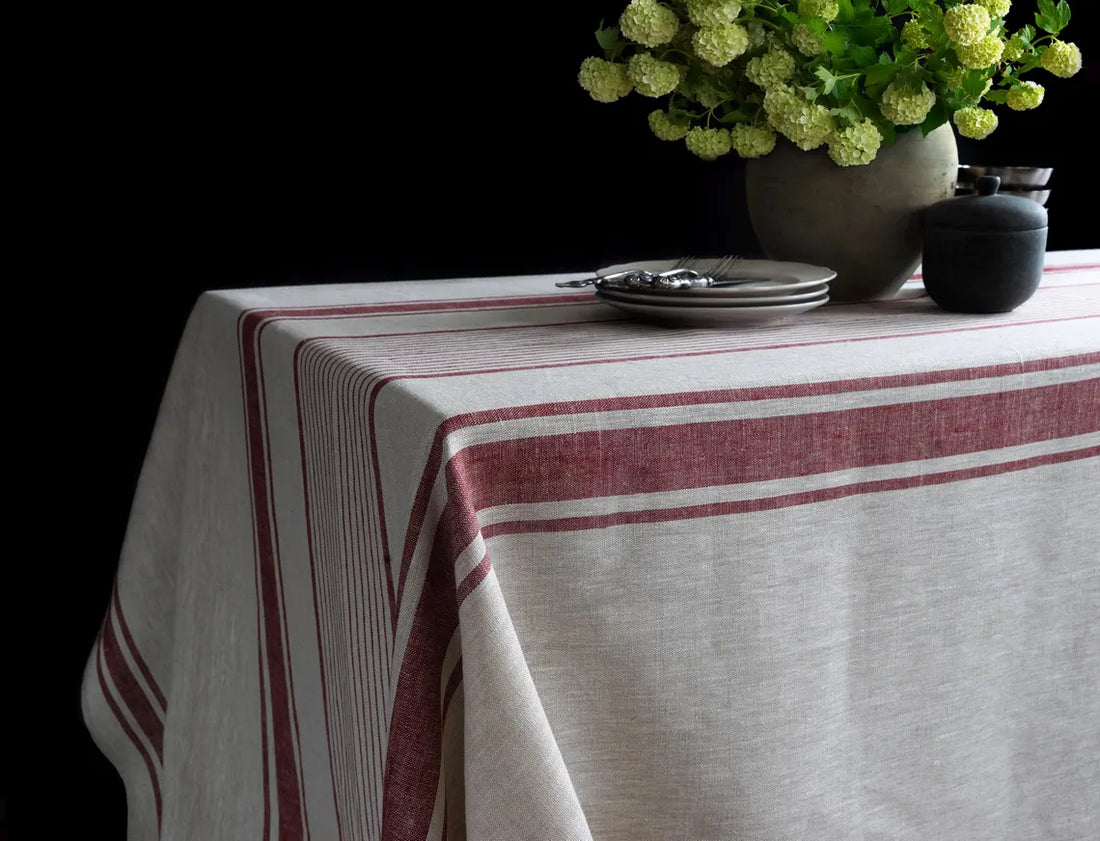 Natural Linen tablecloth with Red Stripes