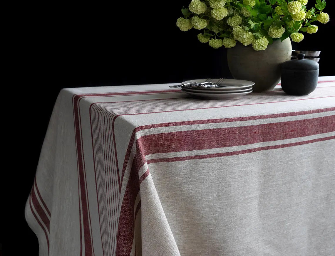 Natural Linen tablecloth with Red Stripes