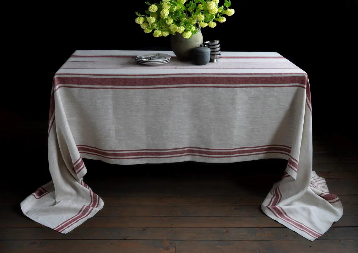 Natural Linen tablecloth with Red Stripes
