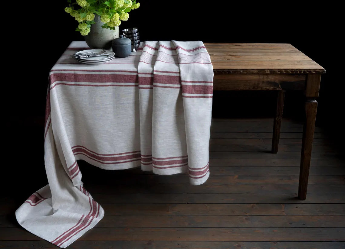 Natural Linen tablecloth with Red Stripes