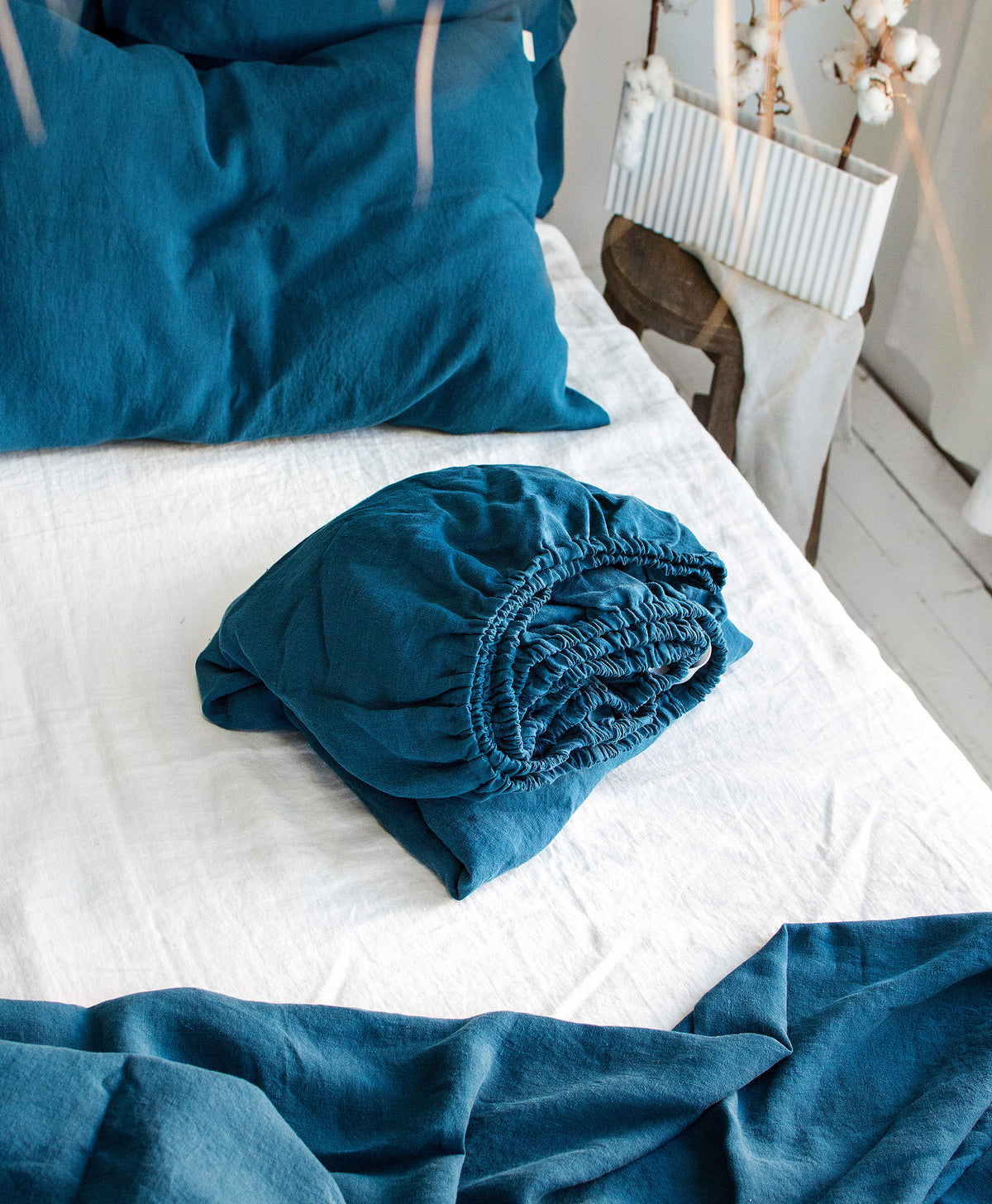 Linen Fitted Sheet in Lake Blue