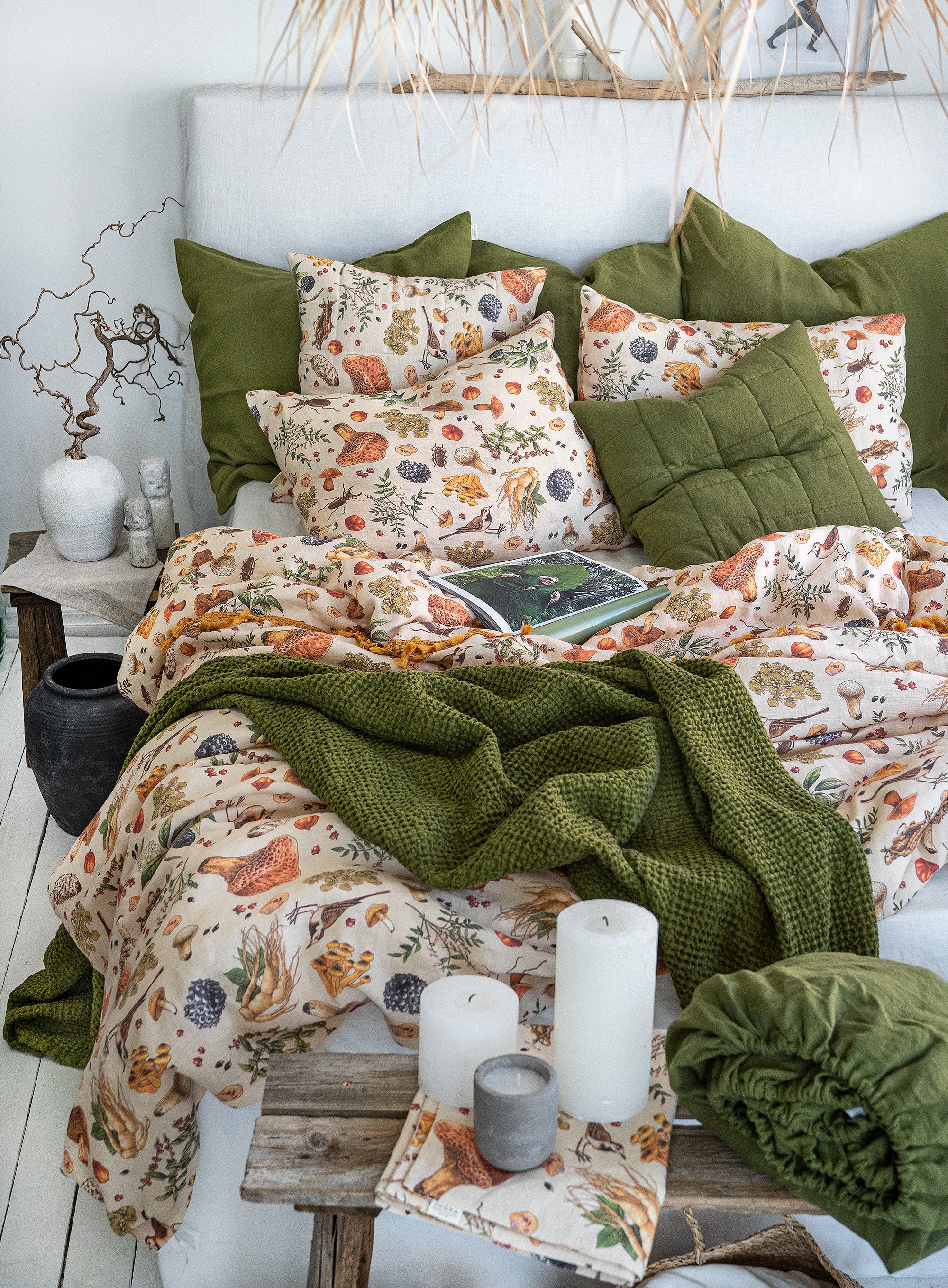 Linen Pillowcase in Mushroom pattern