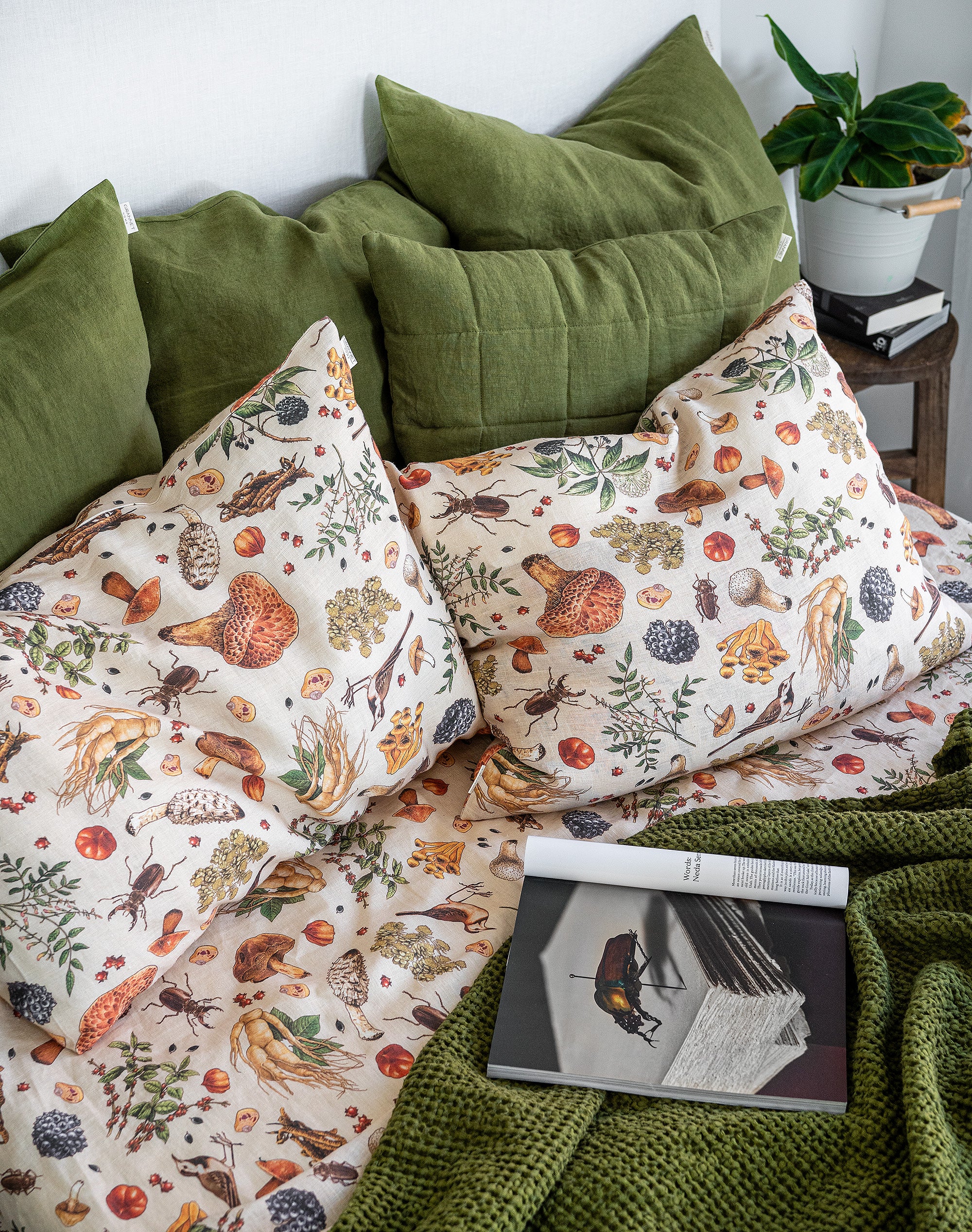 Linen Pillowcase in Mushroom pattern