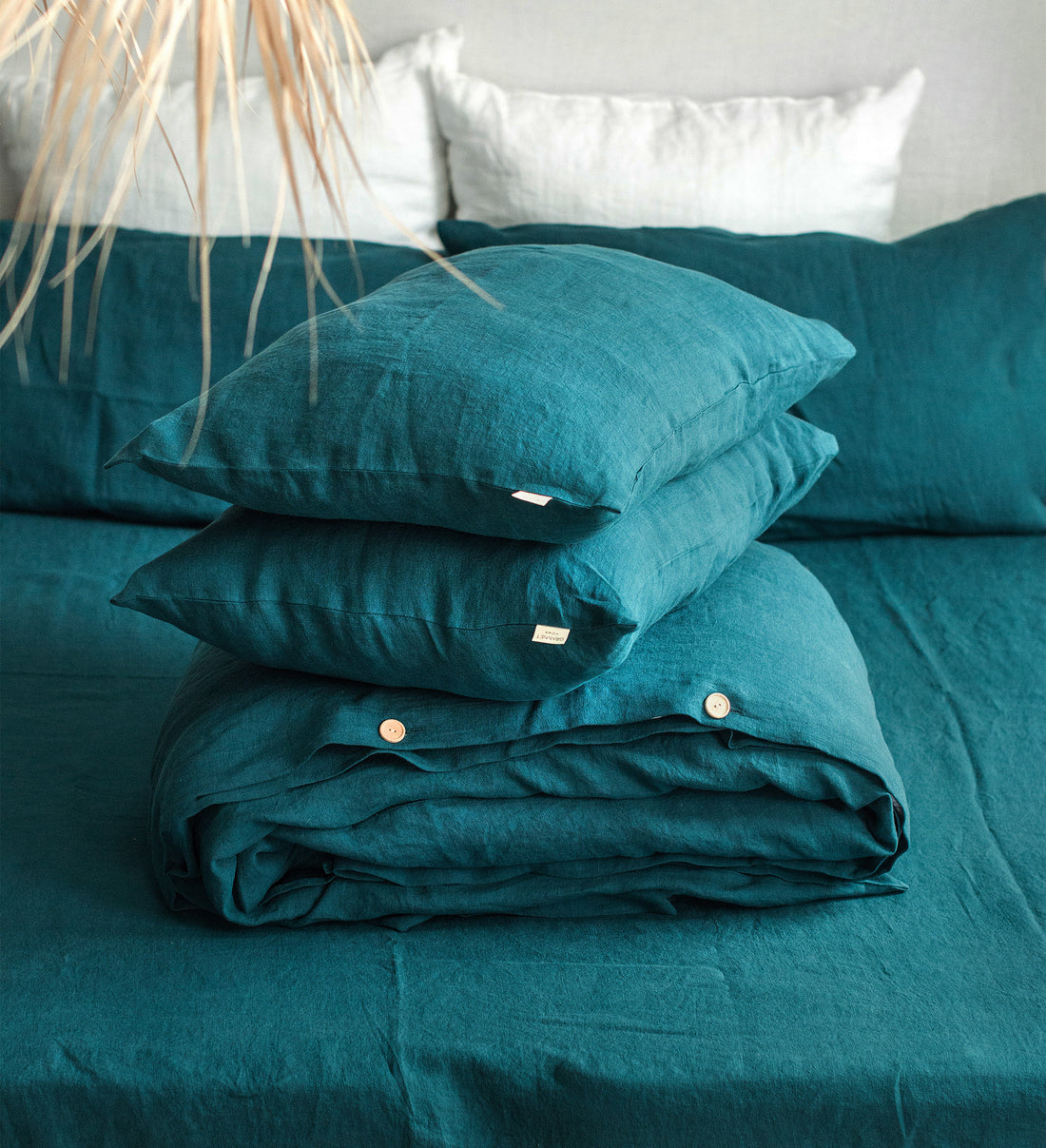 Linen Bedding Set in Emerald Blue - Duvet Cover & 2 Pillowcases