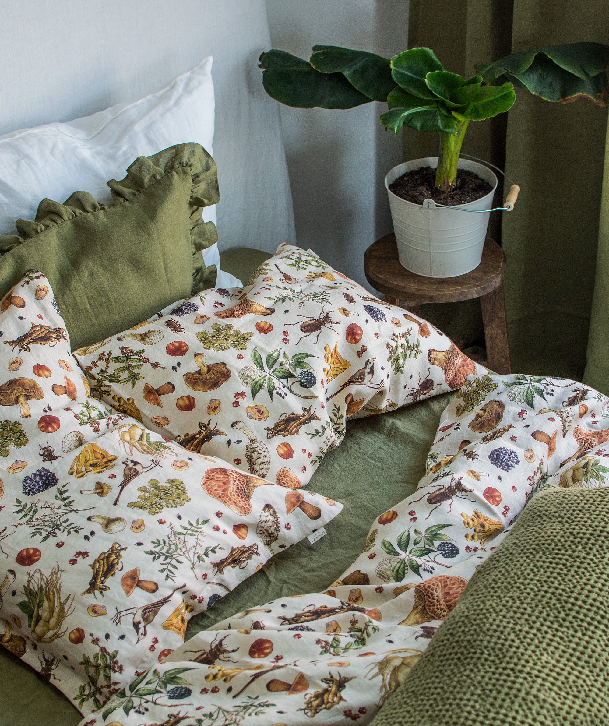 Linen Pillowcase in Mushroom pattern