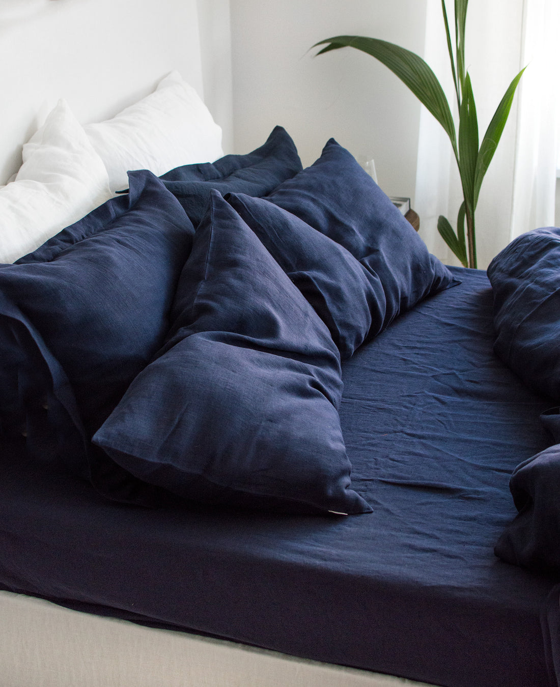 Linen Pillowcase with Border in Midnight Blue