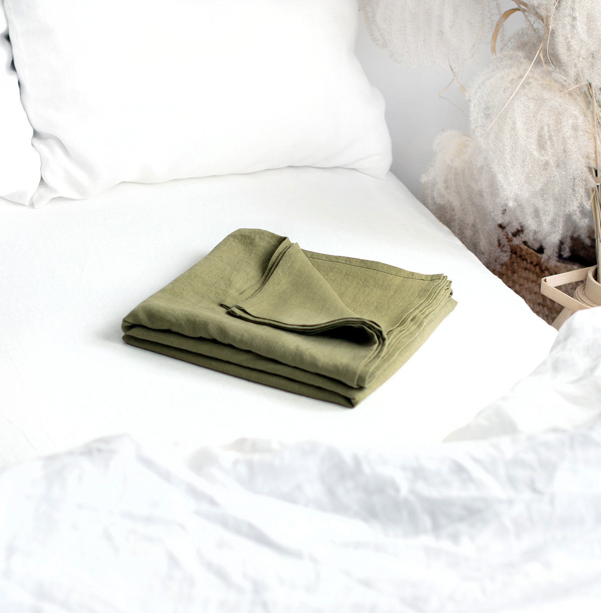 Linen Flat Sheet in Olive Green