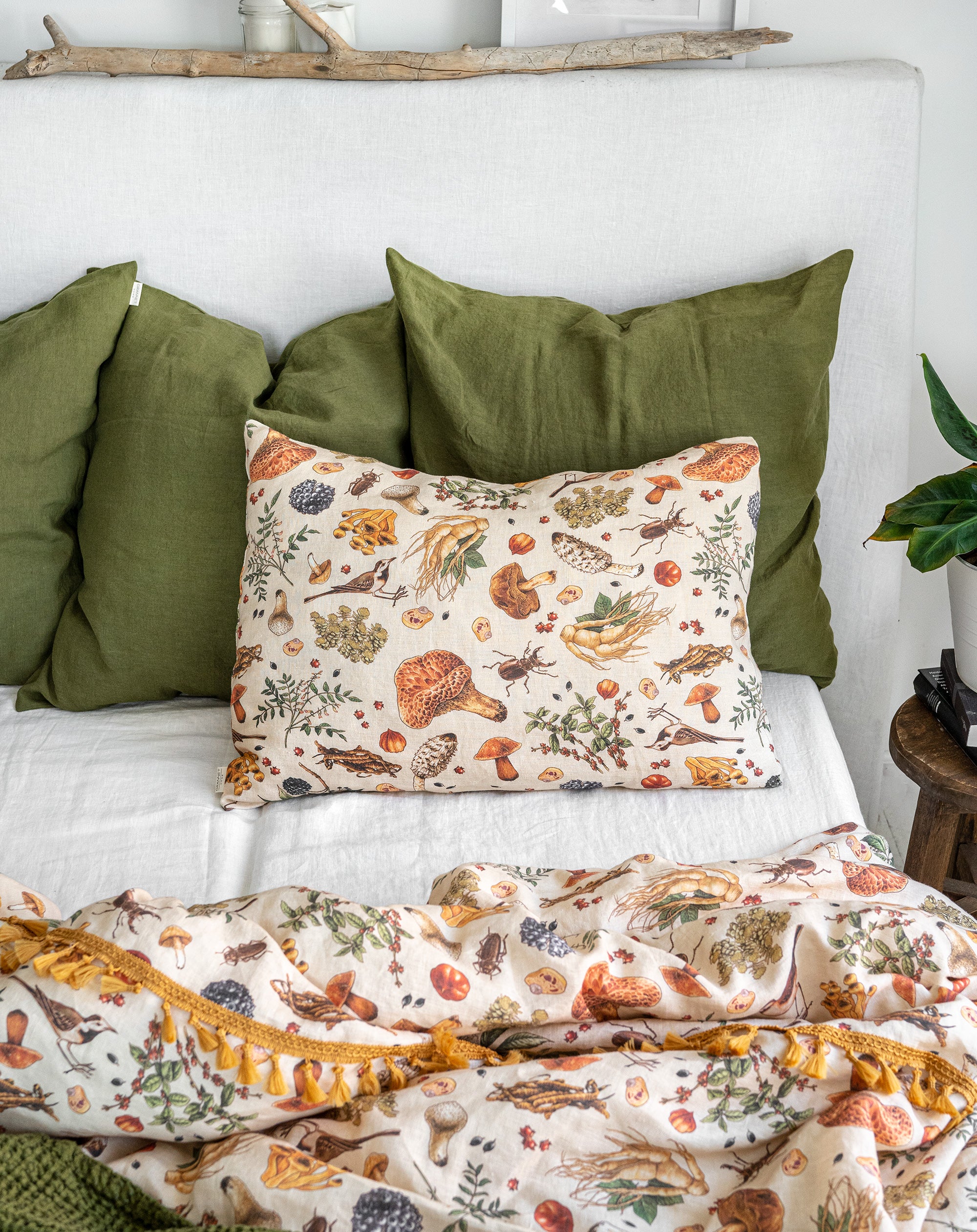 Linen Pillowcase in Mushroom pattern