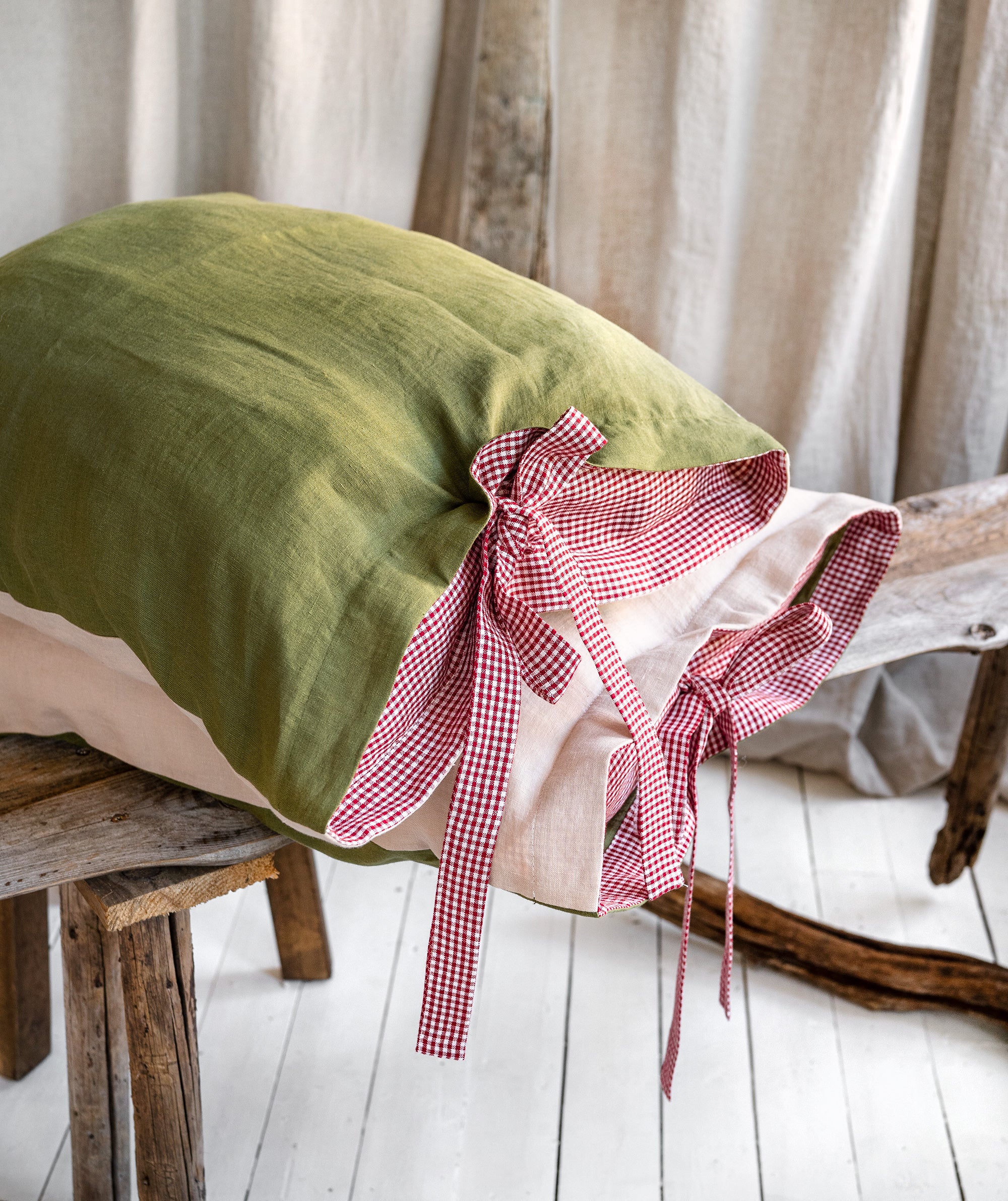 Two Sided Linen Pillowcase with Gingham Ribbon in Moss Green & Cream