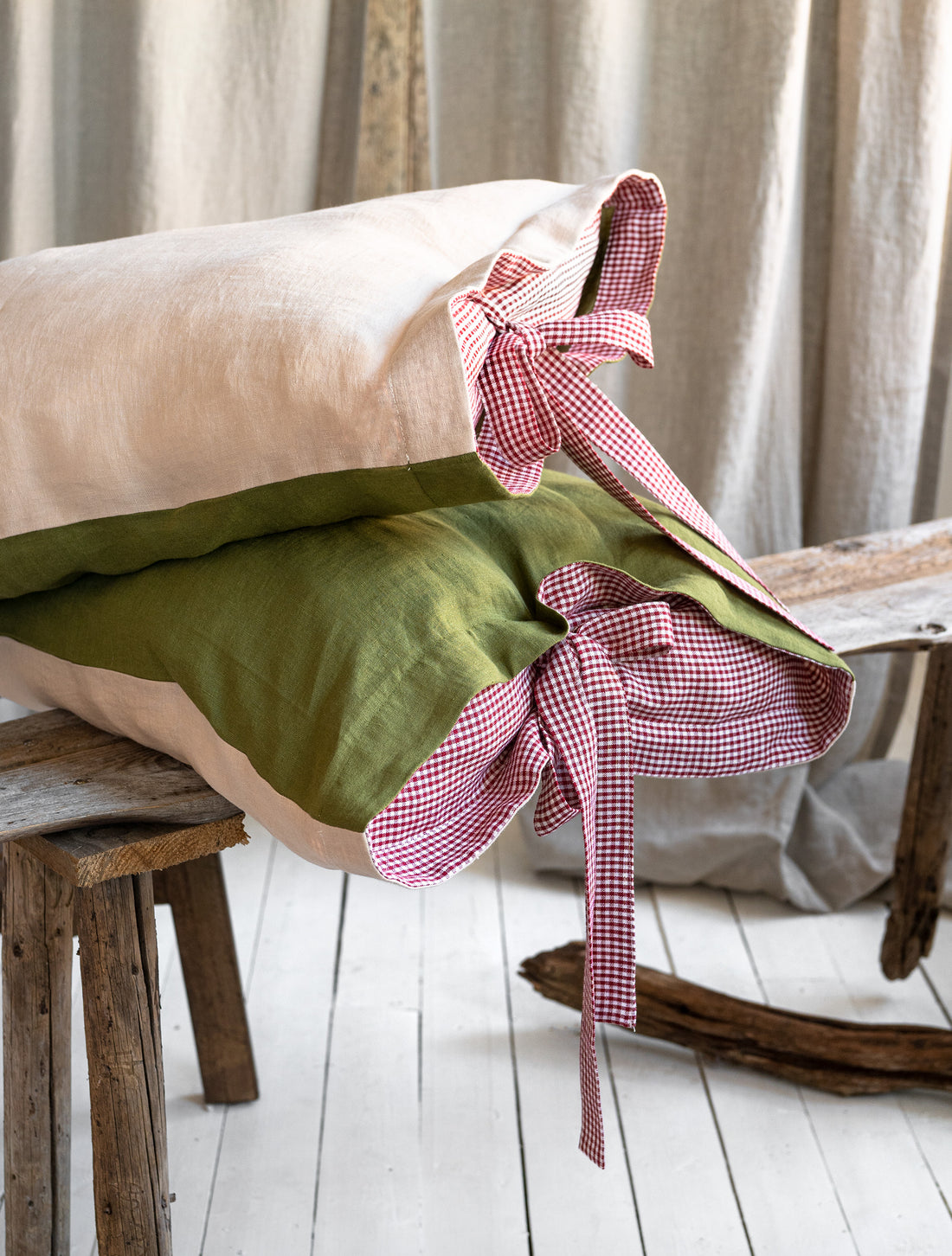 Two Sided Linen Pillowcase with Gingham Ribbon in Moss Green & Cream