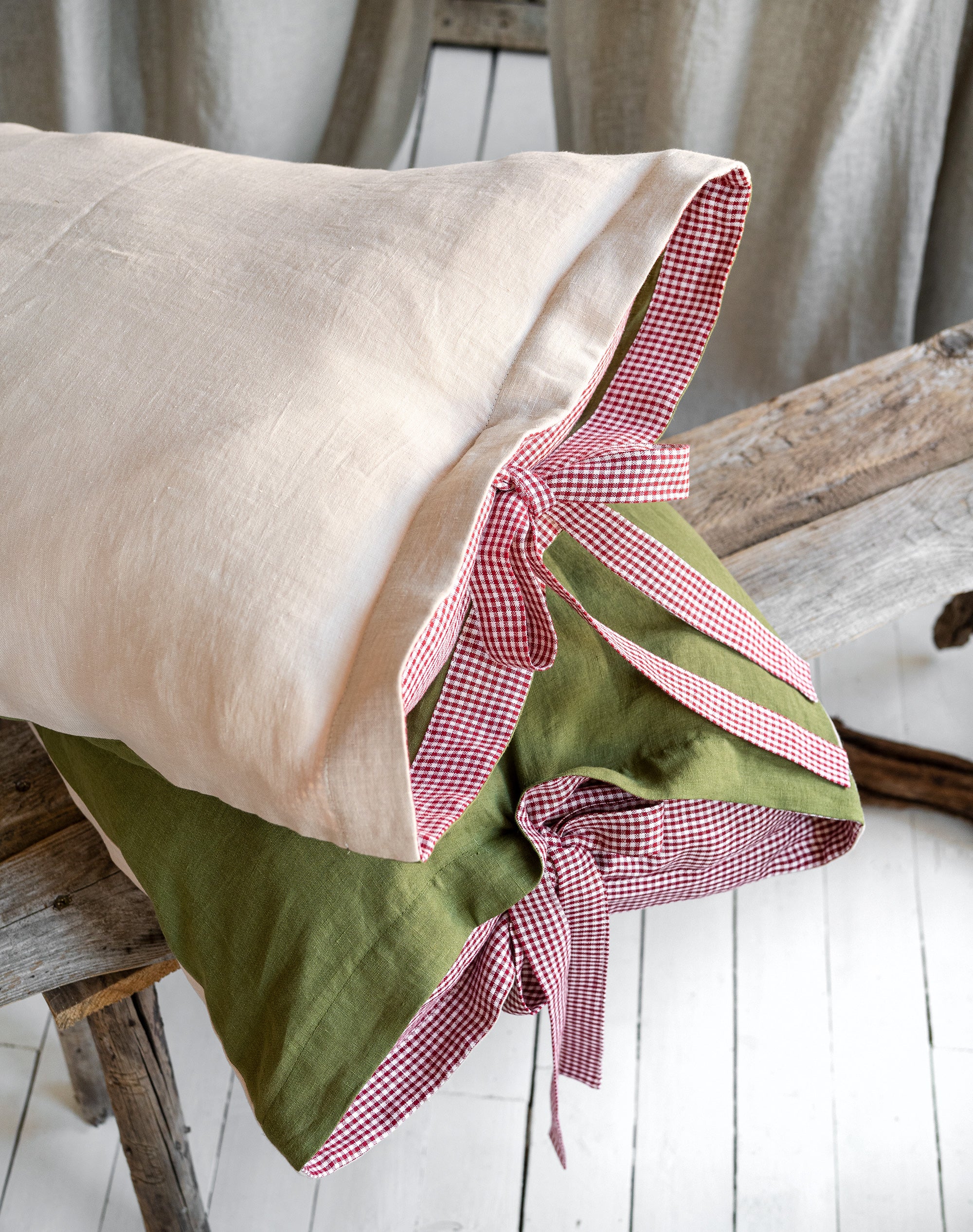 Two Sided Linen Pillowcase with Gingham Ribbon in Moss Green & Cream