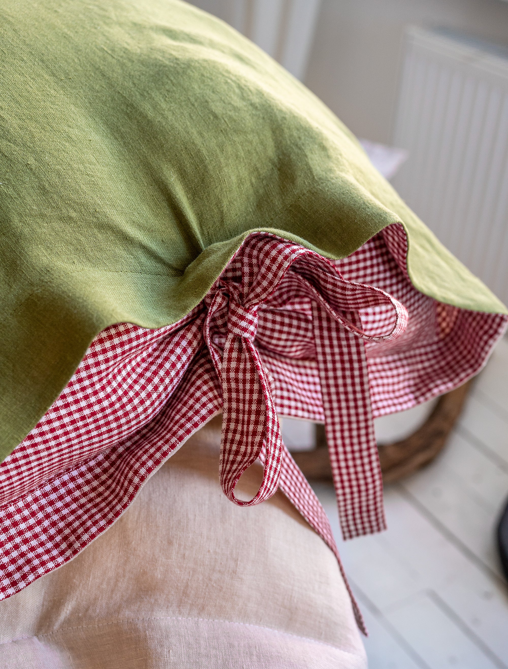 Two Sided Linen Pillowcase with Gingham Ribbon in Moss Green & Cream
