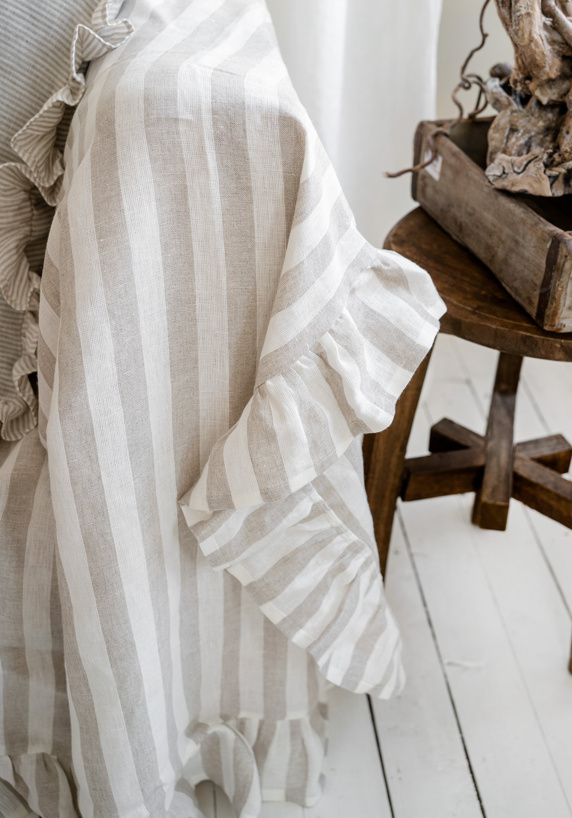 Ruffled Linen Couch Cover in Natural Stripes