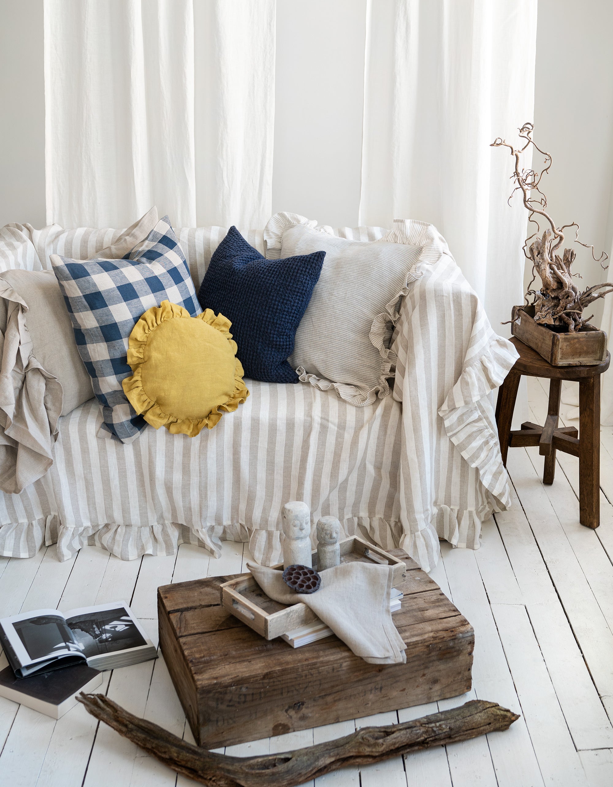 Ruffled Linen Couch Cover in Natural Stripes