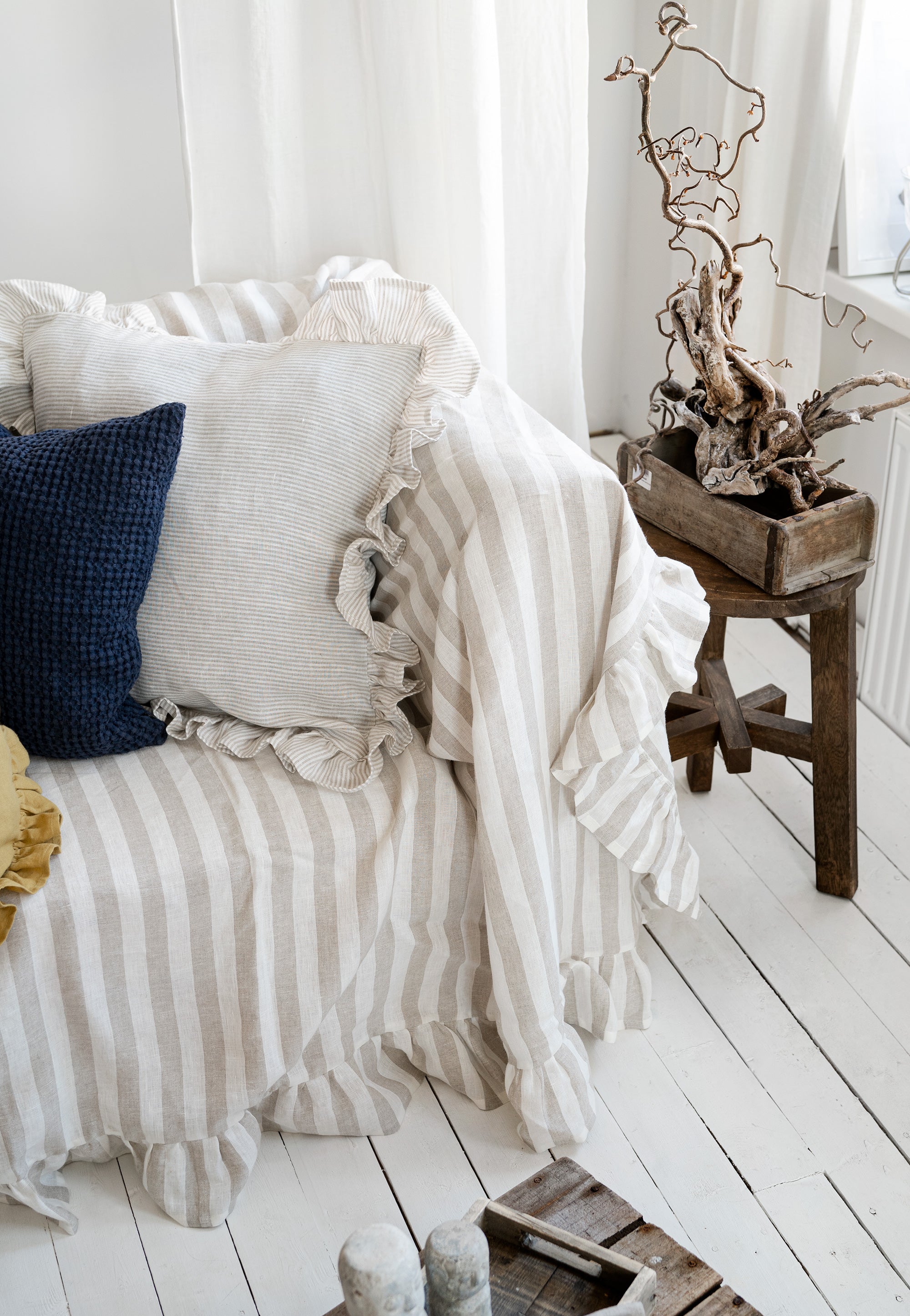 Ruffled Linen Couch Cover in Natural Stripes