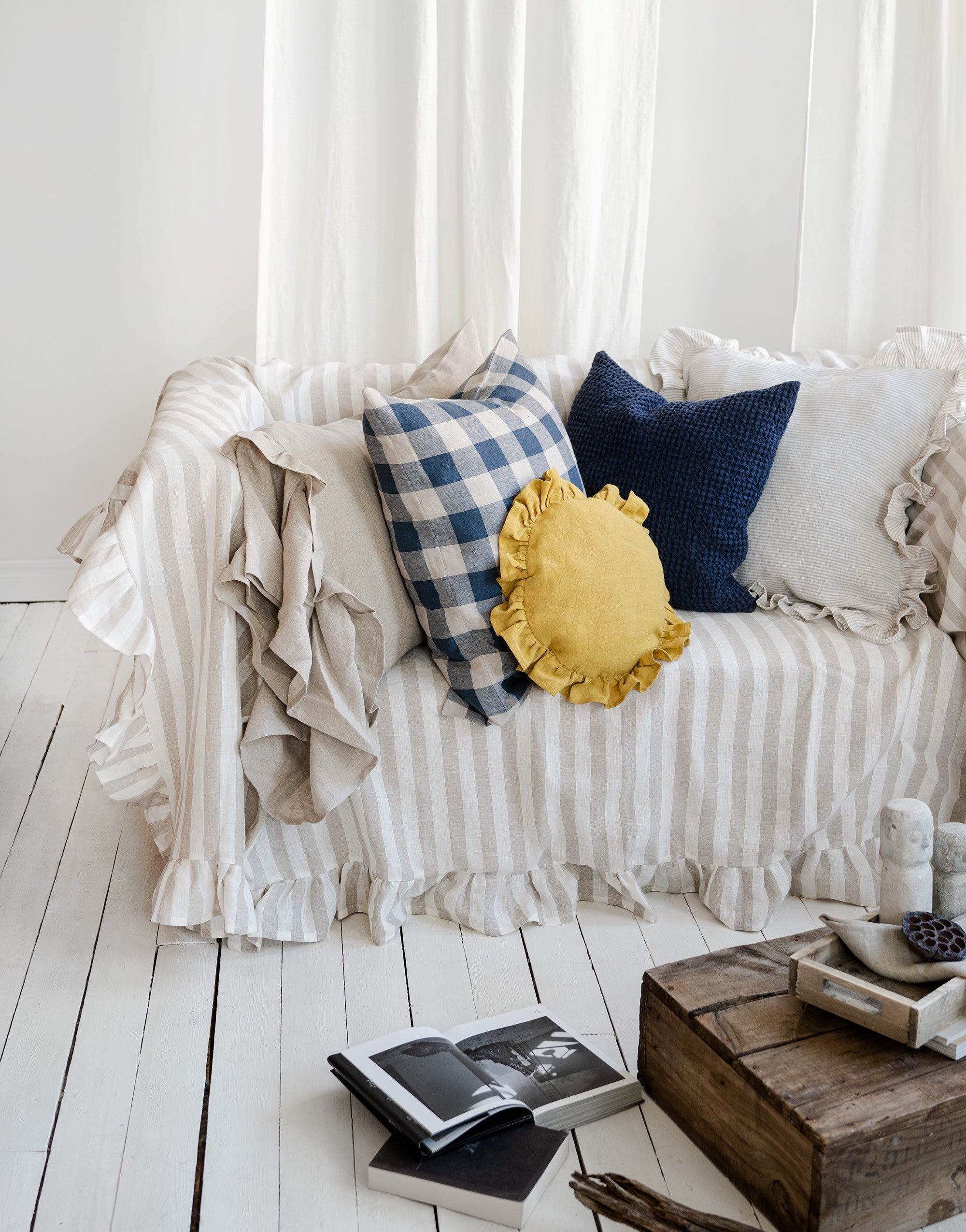 Ruffled Linen Couch Cover in Natural Stripes