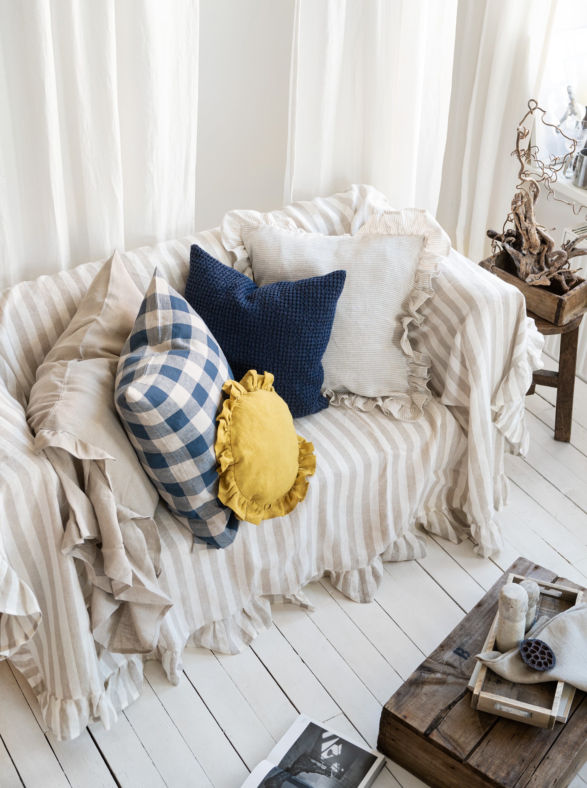 Ruffled Linen Couch Cover in Natural Stripes