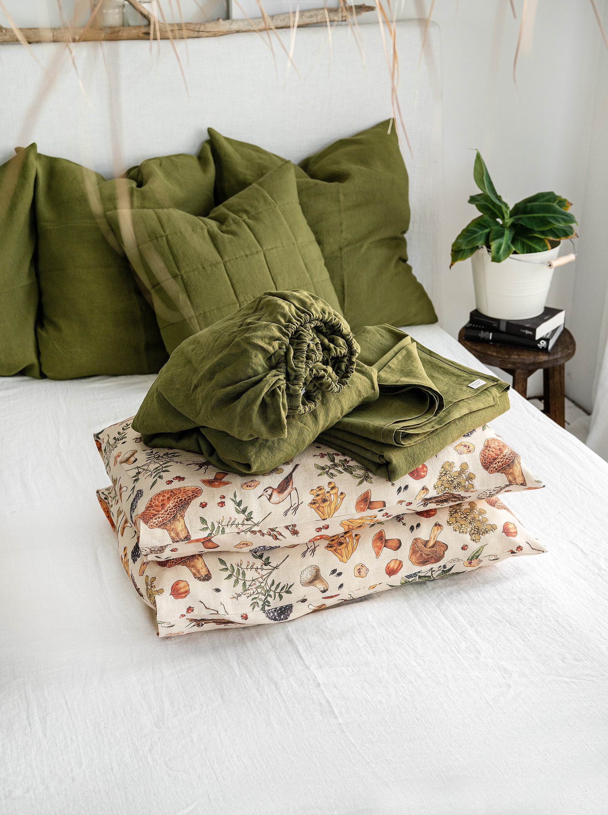 Linen Sheet Set in Moss Green + Mushroom