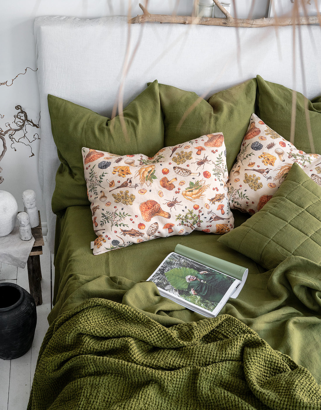 Linen Sheet Set in Moss Green + Mushroom